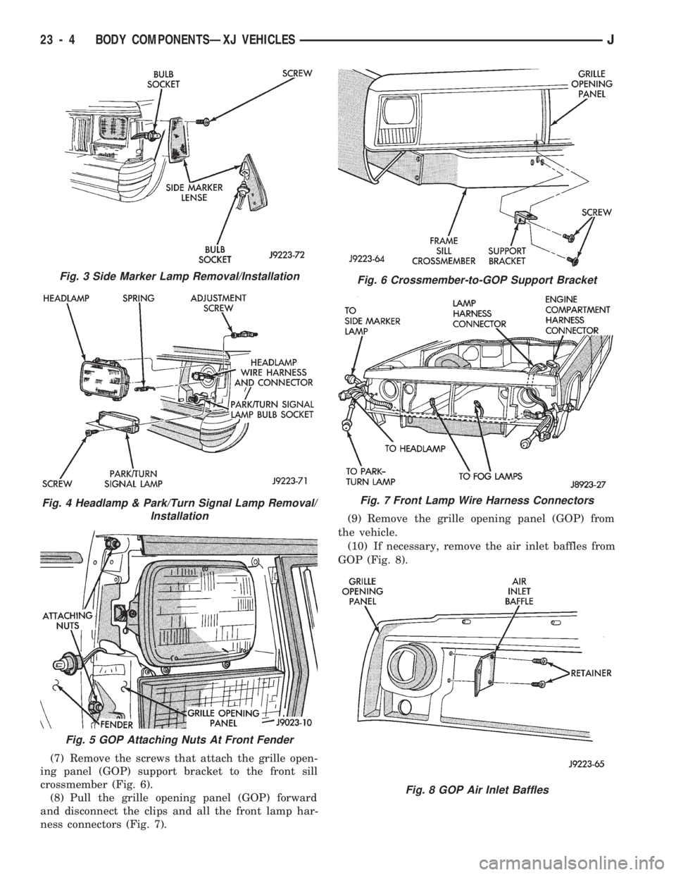 JEEP CHEROKEE 1994  Service Repair Manual (7) Remove the screws that attach the grille open-
ing panel (GOP) support bracket to the front sill
crossmember (Fig. 6).
(8) Pull the grille opening panel (GOP) forward
and disconnect the clips and 