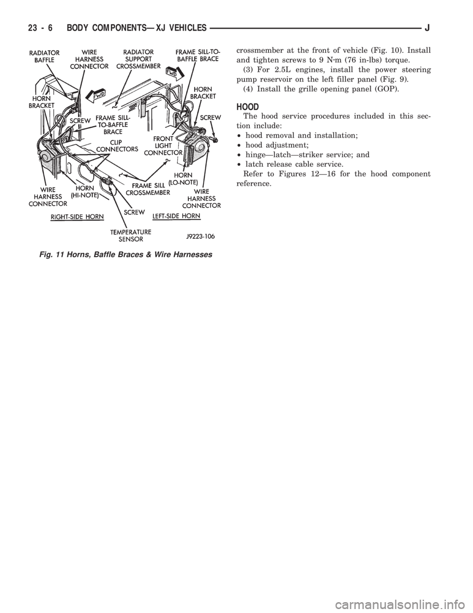 JEEP CHEROKEE 1994  Service Repair Manual crossmember at the front of vehicle (Fig. 10). Install
and tighten screws to 9 Nzm (76 in-lbs) torque.
(3) For 2.5L engines, install the power steering
pump reservoir on the left filler panel (Fig. 9)