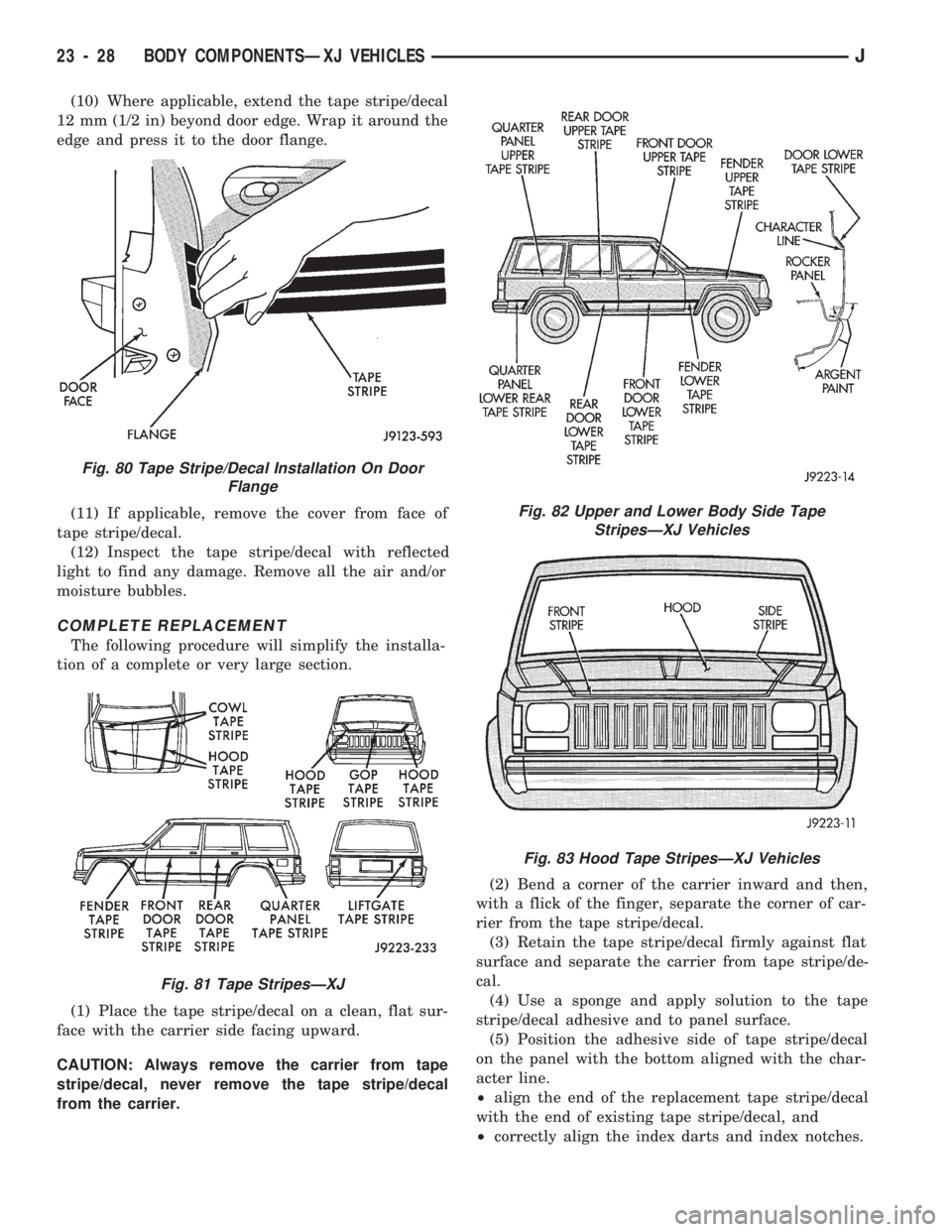 JEEP CHEROKEE 1994  Service Repair Manual (10) Where applicable, extend the tape stripe/decal
12 mm (1/2 in) beyond door edge. Wrap it around the
edge and press it to the door flange.
(11) If applicable, remove the cover from face of
tape str