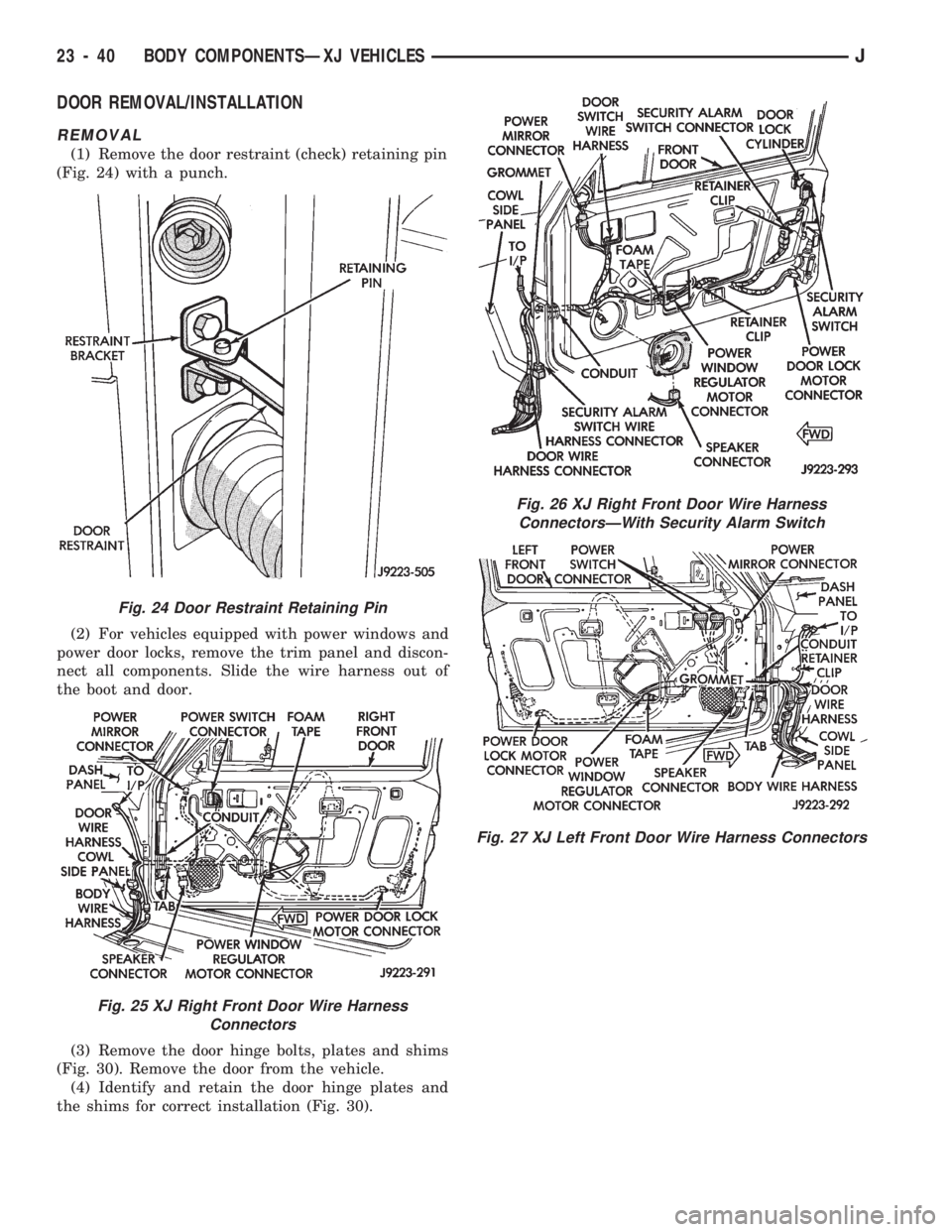 JEEP CHEROKEE 1994  Service Repair Manual DOOR REMOVAL/INSTALLATION
REMOVAL
(1) Remove the door restraint (check) retaining pin
(Fig. 24) with a punch.
(2) For vehicles equipped with power windows and
power door locks, remove the trim panel a