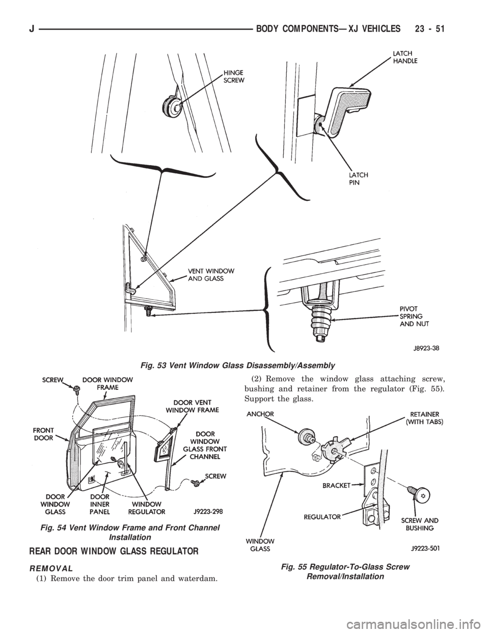 JEEP CHEROKEE 1994  Service Repair Manual REAR DOOR WINDOW GLASS REGULATOR
REMOVAL
(1) Remove the door trim panel and waterdam.(2) Remove the window glass attaching screw,
bushing and retainer from the regulator (Fig. 55).
Support the glass.
