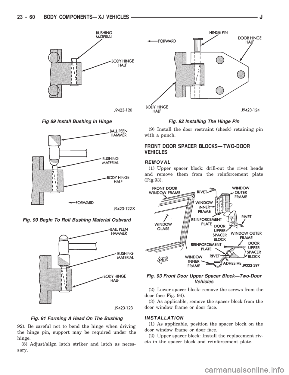 JEEP CHEROKEE 1994  Service Repair Manual 92). Be careful not to bend the hinge when driving
the hinge pin, support may be required under the
hinge.
(8) Adjust/align latch striker and latch as neces-
sary.(9) Install the door restraint (check