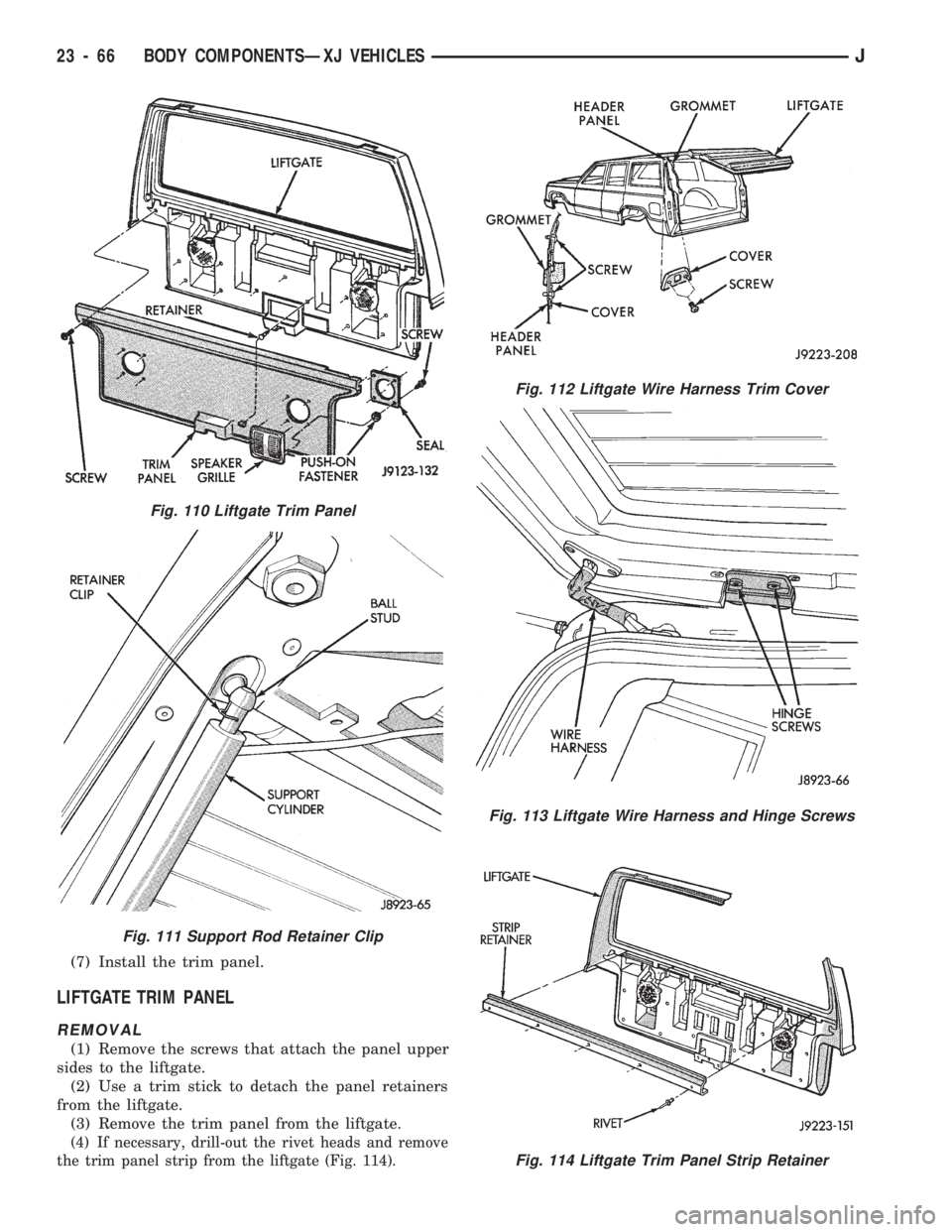 JEEP CHEROKEE 1994  Service Repair Manual (7) Install the trim panel.
LIFTGATE TRIM PANEL
REMOVAL
(1) Remove the screws that attach the panel upper
sides to the liftgate.
(2) Use a trim stick to detach the panel retainers
from the liftgate.
(