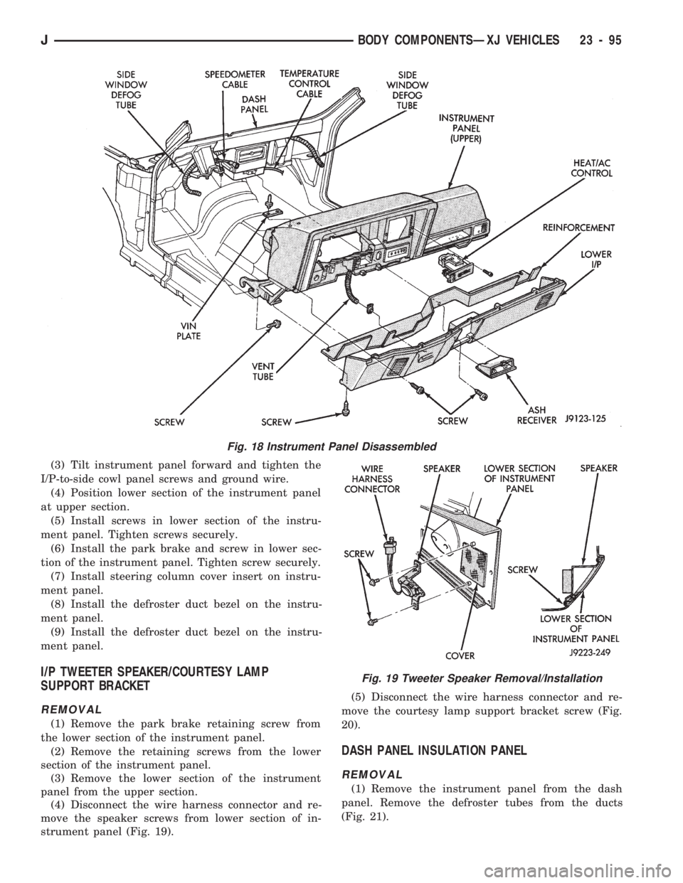 JEEP CHEROKEE 1994 Service Repair Manual (3) Tilt instrument panel forward and tighten the
I/P-to-side cowl panel screws and ground wire.
(4) Position lower section of the instrument panel
at upper section.
(5) Install screws in lower sectio JEEP CHEROKEE 1994 Service Repair Manual (3) Tilt instrument panel forward and tighten the
I/P-to-side cowl panel screws and ground wire.
(4) Position lower section of the instrument panel
at upper section.
(5) Install screws in lower sectio