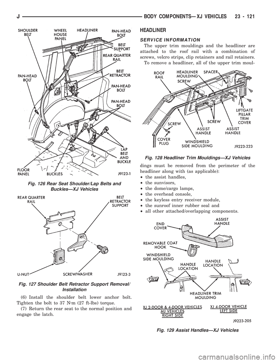 JEEP CHEROKEE 1994  Service Repair Manual (6) Install the shoulder belt lower anchor bolt.
Tighten the bolt to 37 Nzm (27 ft-lbs) torque.
(7) Return the rear seat to the normal position and
engage the latch.
HEADLINER
SERVICE INFORMATION
The 