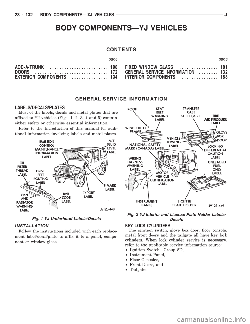 JEEP CHEROKEE 1994  Service Repair Manual BODY COMPONENTSÐYJ VEHICLES
CONTENTS
page page
ADD-A-TRUNK........................ 198
DOORS.............................. 172
EXTERIOR COMPONENTS............... 134FIXED WINDOW GLASS................