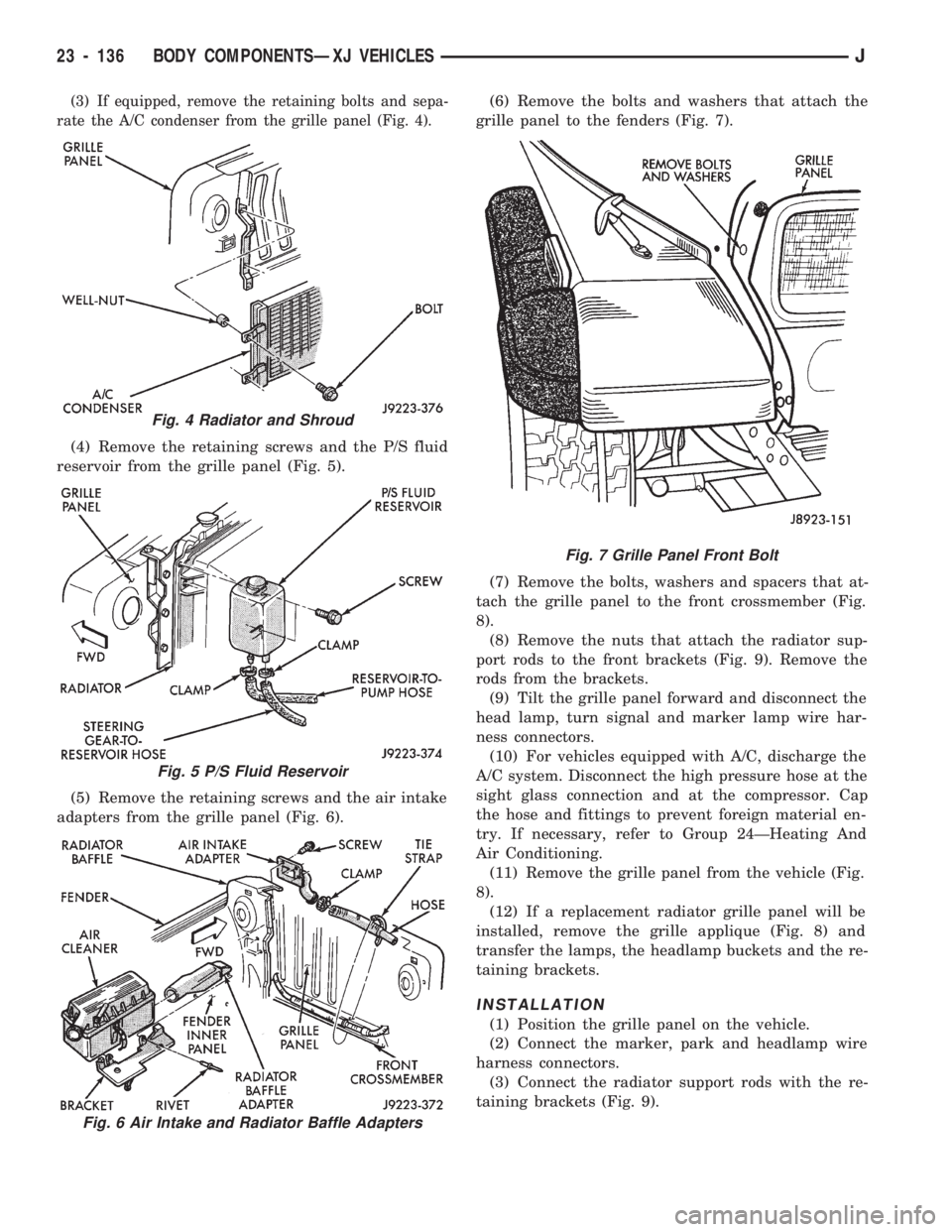 JEEP CHEROKEE 1994  Service Repair Manual (3) If equipped, remove the retaining bolts and sepa-
rate the A/C condenser from the grille panel (Fig. 4).
(4) Remove the retaining screws and the P/S fluid
reservoir from the grille panel (Fig. 5).