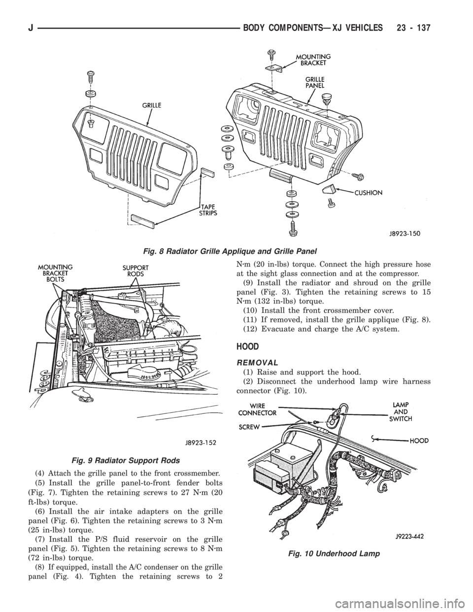 JEEP CHEROKEE 1994  Service Repair Manual (4) Attach the grille panel to the front crossmember.
(5) Install the grille panel-to-front fender bolts
(Fig. 7). Tighten the retaining screws to 27 Nzm (20
ft-lbs) torque.
(6) Install the air intake