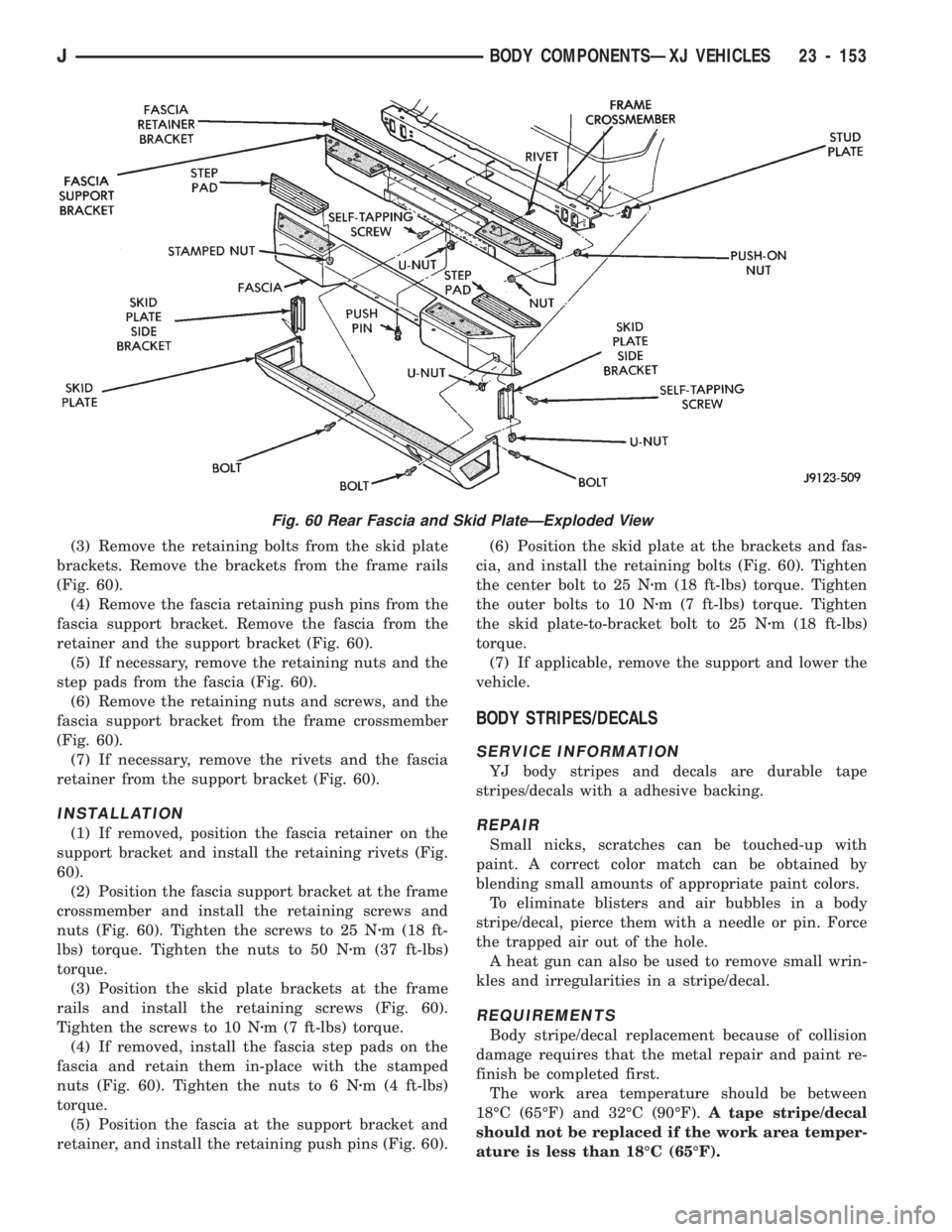JEEP CHEROKEE 1994  Service Repair Manual (3) Remove the retaining bolts from the skid plate
brackets. Remove the brackets from the frame rails
(Fig. 60).
(4) Remove the fascia retaining push pins from the
fascia support bracket. Remove the f