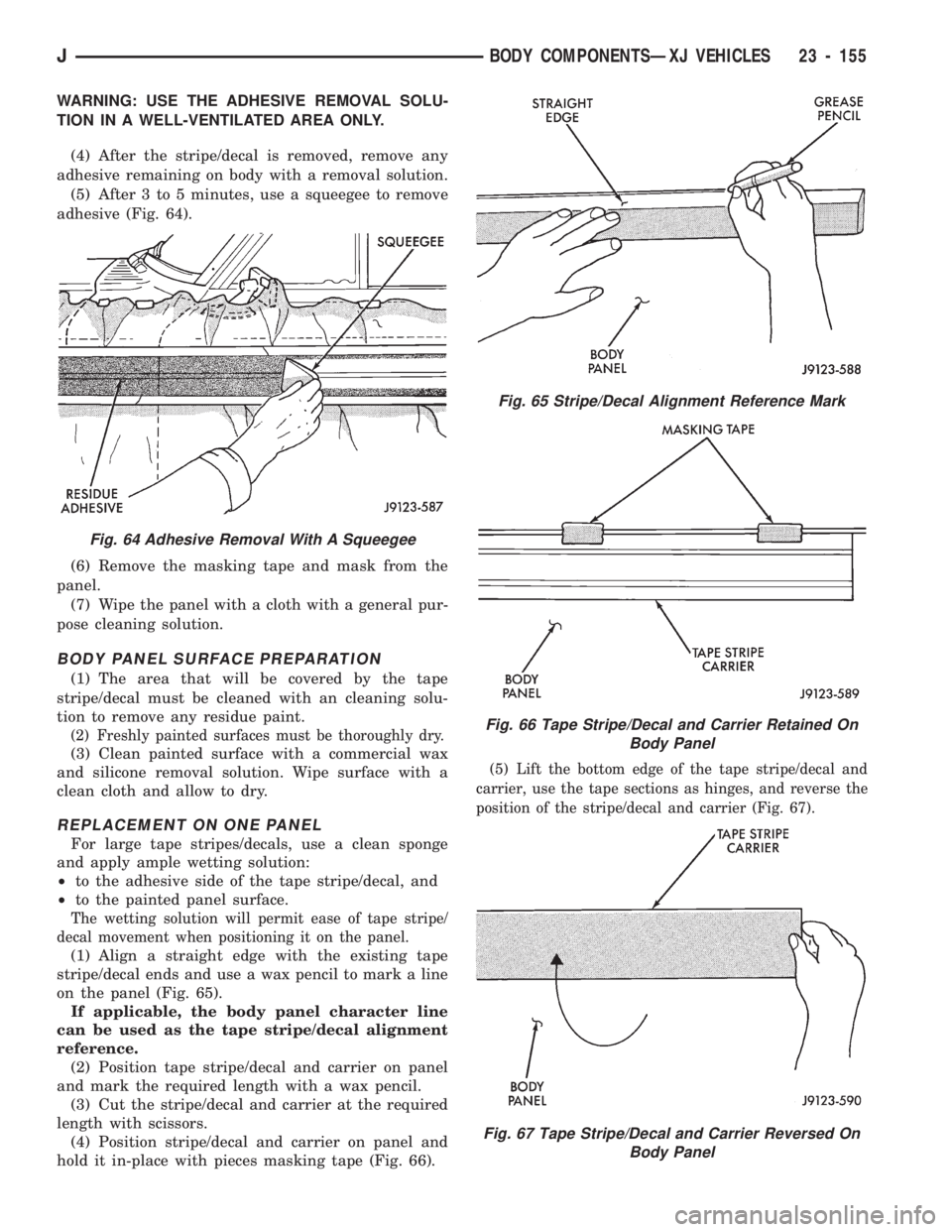 JEEP CHEROKEE 1994  Service Repair Manual WARNING: USE THE ADHESIVE REMOVAL SOLU-
TION IN A WELL-VENTILATED AREA ONLY.
(4) After the stripe/decal is removed, remove any
adhesive remaining on body with a removal solution.
(5) After 3 to 5 minu