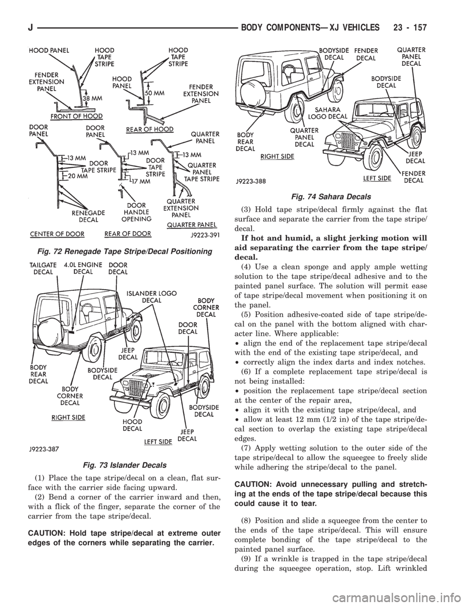JEEP CHEROKEE 1994  Service Repair Manual (1) Place the tape stripe/decal on a clean, flat sur-
face with the carrier side facing upward.
(2) Bend a corner of the carrier inward and then,
with a flick of the finger, separate the corner of the