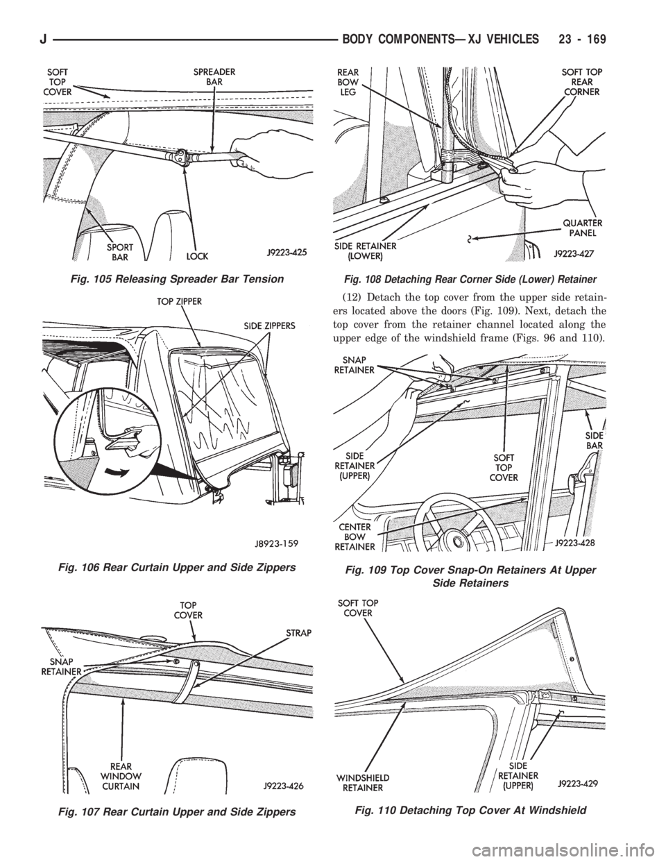 JEEP CHEROKEE 1994  Service Repair Manual (12) Detach the top cover from the upper side retain-
ers located above the doors (Fig. 109). Next, detach the
top cover from the retainer channel located along the
upper edge of the windshield frame 
