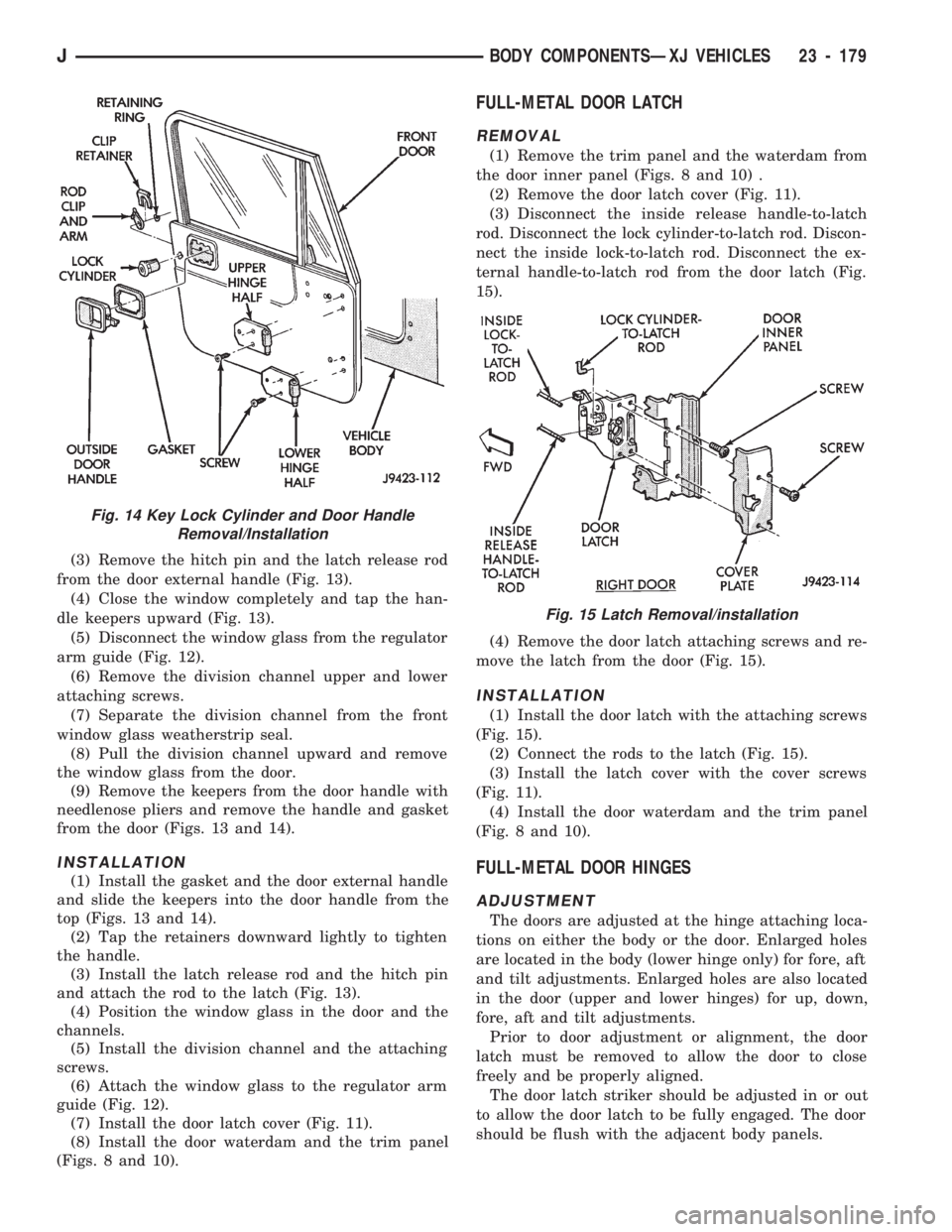 JEEP CHEROKEE 1994  Service Repair Manual (3) Remove the hitch pin and the latch release rod
from the door external handle (Fig. 13).
(4) Close the window completely and tap the han-
dle keepers upward (Fig. 13).
(5) Disconnect the window gla