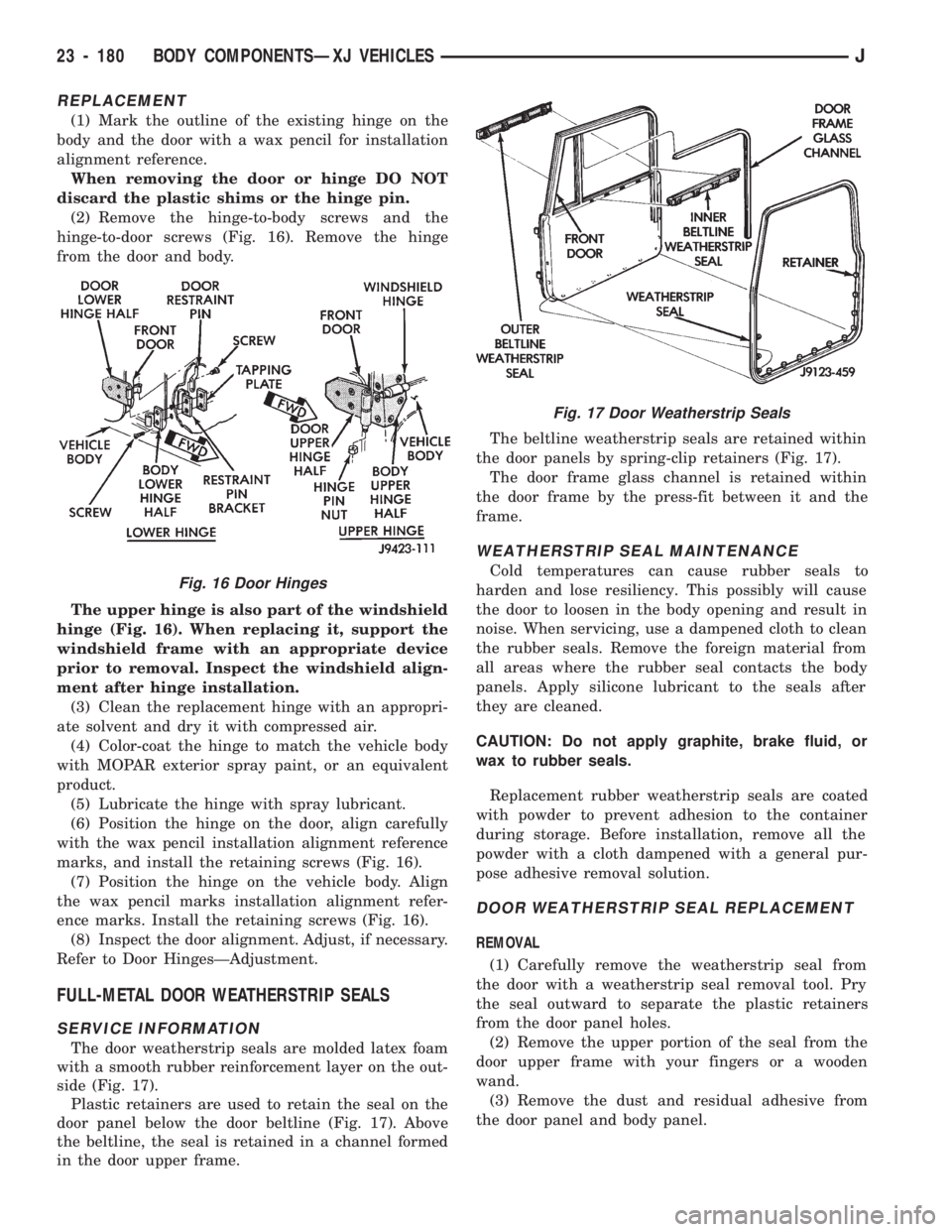 JEEP CHEROKEE 1994  Service Repair Manual REPLACEMENT
(1) Mark the outline of the existing hinge on the
body and the door with a wax pencil for installation
alignment reference.
When removing the door or hinge DO NOT
discard the plastic shims