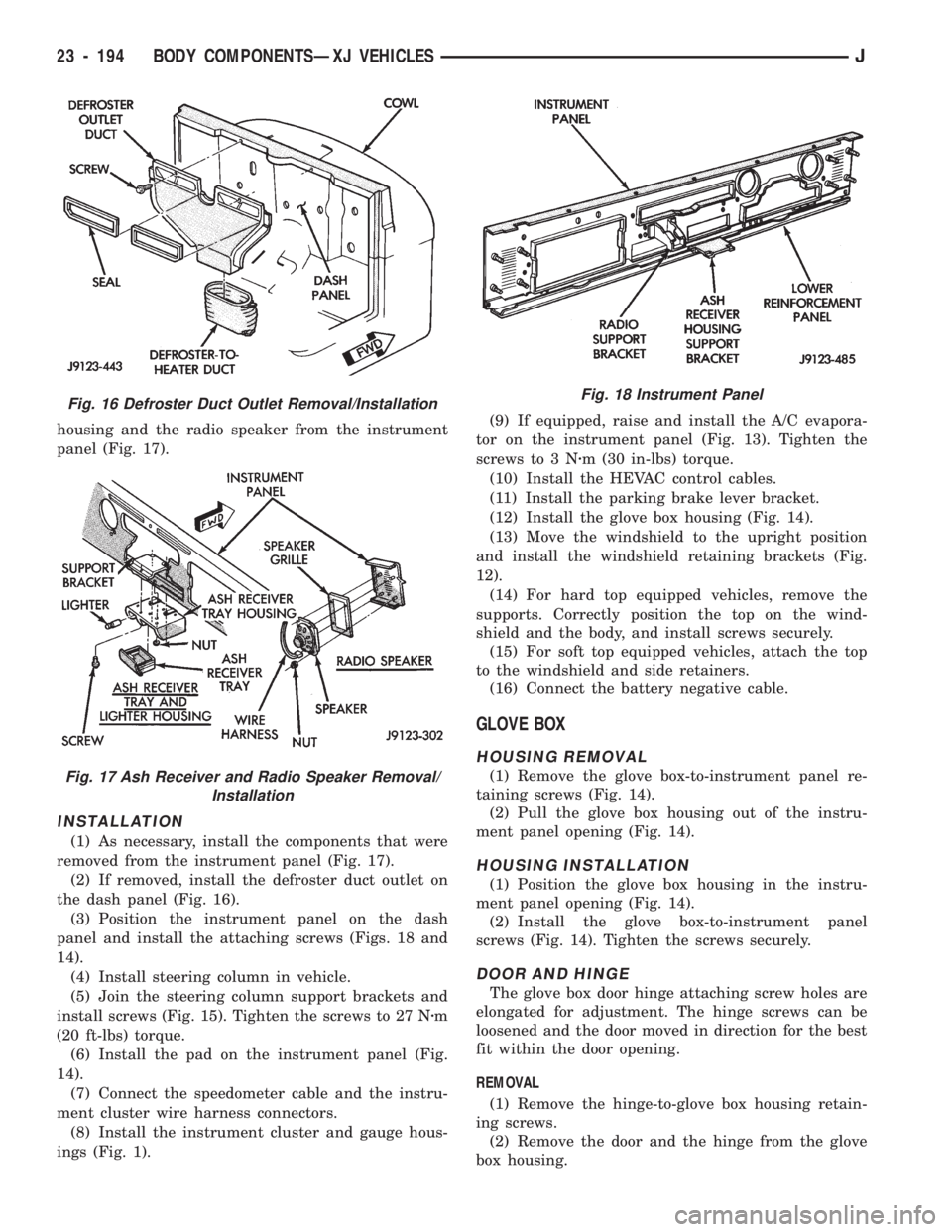 JEEP CHEROKEE 1994  Service Repair Manual housing and the radio speaker from the instrument
panel (Fig. 17).
INSTALLATION
(1) As necessary, install the components that were
removed from the instrument panel (Fig. 17).
(2) If removed, install 