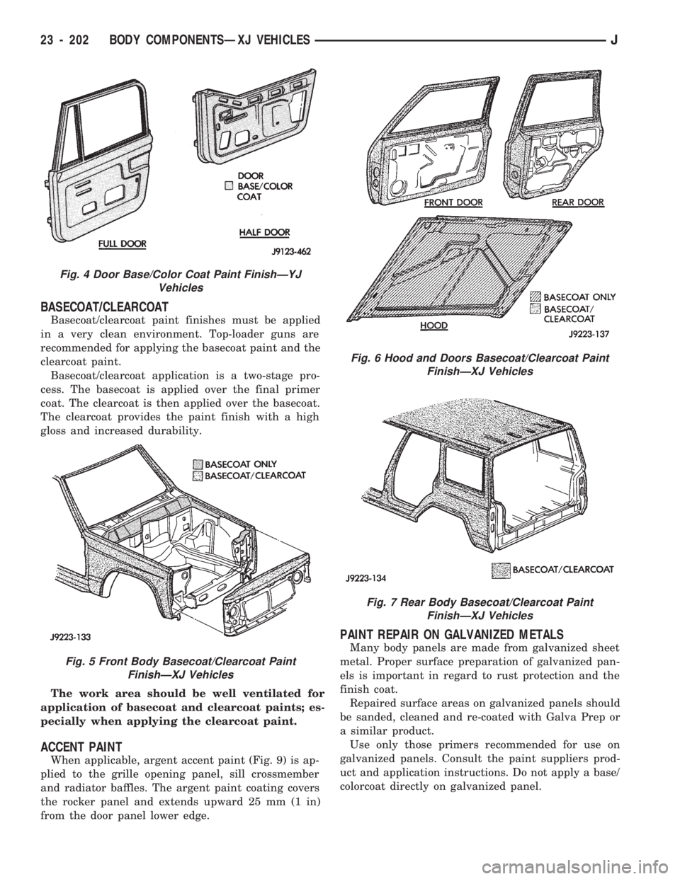 JEEP CHEROKEE 1994  Service Repair Manual BASECOAT/CLEARCOAT
Basecoat/clearcoat paint finishes must be applied
in a very clean environment. Top-loader guns are
recommended for applying the basecoat paint and the
clearcoat paint.
Basecoat/clea