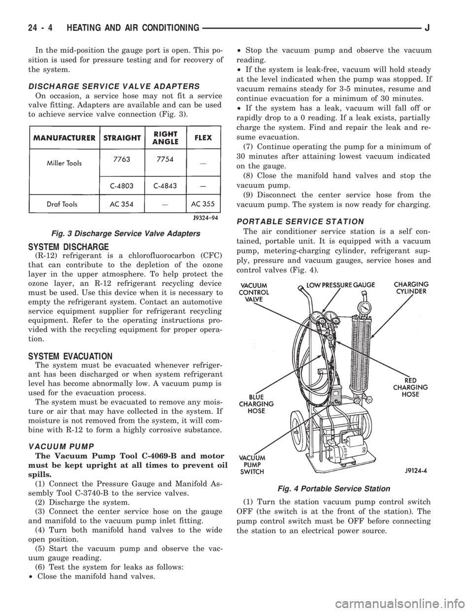 JEEP CHEROKEE 1994  Service Repair Manual In the mid-position the gauge port is open. This po-
sition is used for pressure testing and for recovery of
the system.
DISCHARGE SERVICE VALVE ADAPTERS
On occasion, a service hose may not fit a serv