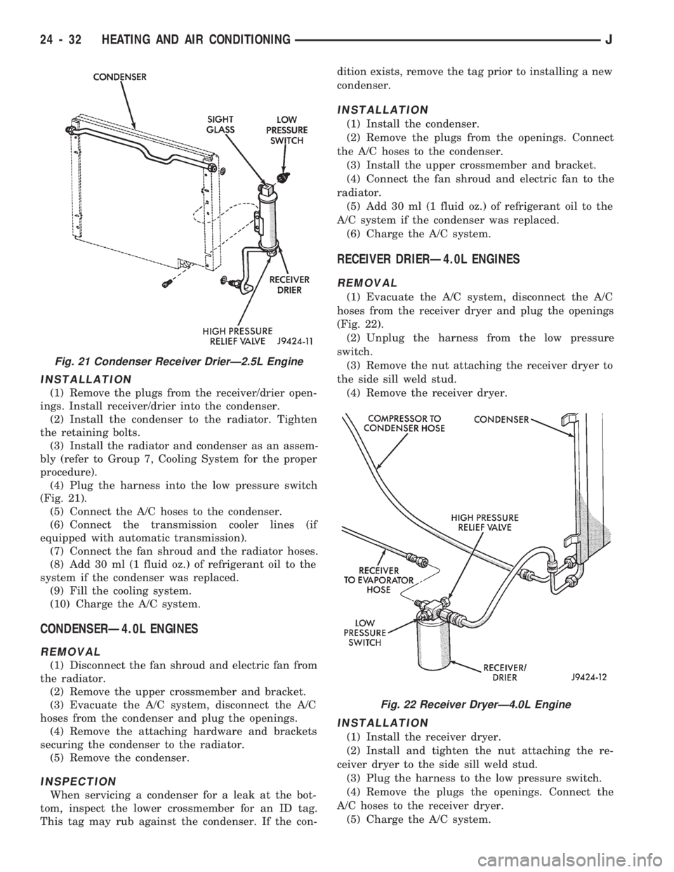 JEEP CHEROKEE 1994  Service Repair Manual INSTALLATION
(1) Remove the plugs from the receiver/drier open-
ings. Install receiver/drier into the condenser.
(2) Install the condenser to the radiator. Tighten
the retaining bolts.
(3) Install the