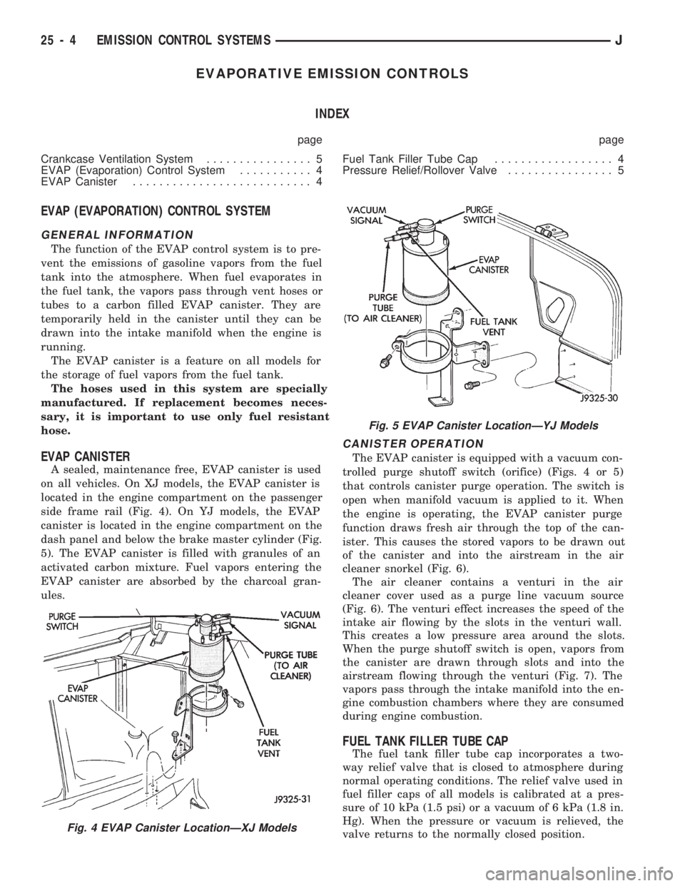 JEEP CHEROKEE 1994  Service Repair Manual EVAPORATIVE EMISSION CONTROLS
INDEX
page page
Crankcase Ventilation System................ 5
EVAP (Evaporation) Control System........... 4
EVAP Canister........................... 4Fuel Tank Filler T