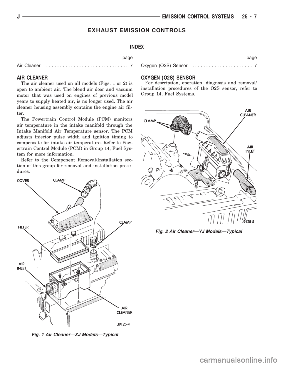 JEEP CHEROKEE 1994  Service Repair Manual EXHAUST EMISSION CONTROLS
INDEX
page page
Air Cleaner.............................. 7Oxygen (O2S) Sensor...................... 7
AIR CLEANER
The air cleaner used on all models (Figs. 1 or 2) is
open t