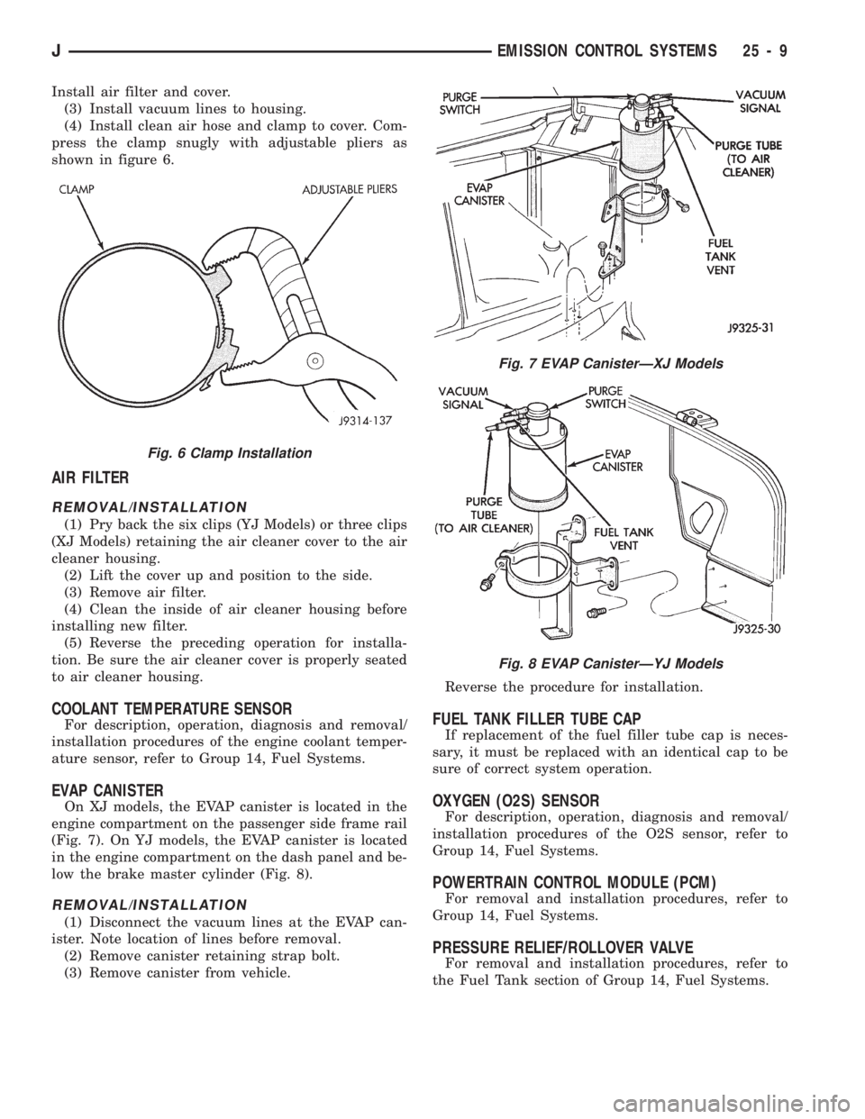 JEEP CHEROKEE 1994  Service Repair Manual Install air filter and cover.
(3) Install vacuum lines to housing.
(4) Install clean air hose and clamp to cover. Com-
press the clamp snugly with adjustable pliers as
shown in figure 6.
AIR FILTER
RE