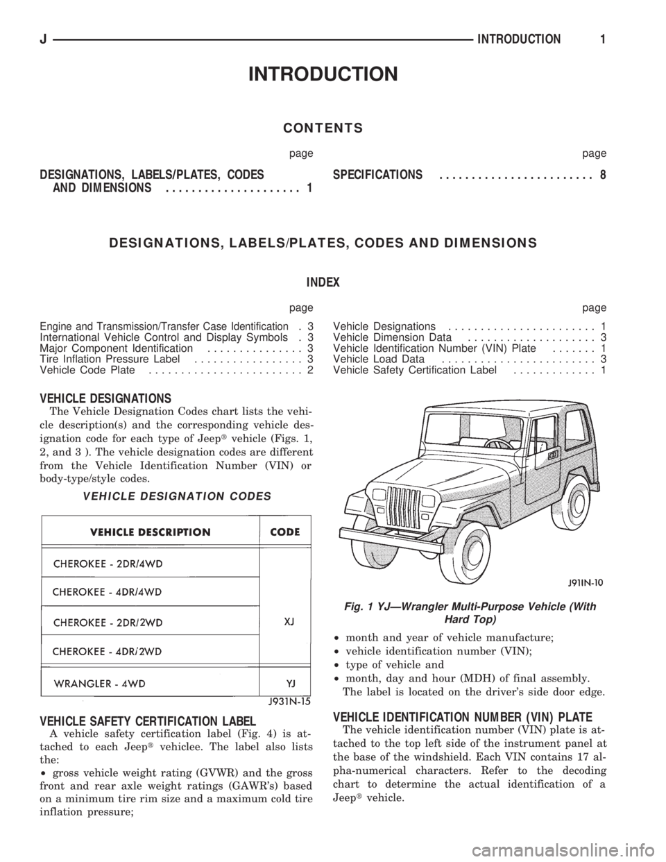 JEEP CHEROKEE 1994  Service Repair Manual INTRODUCTION
CONTENTS
page page
DESIGNATIONS, LABELS/PLATES, CODES
AND DIMENSIONS..................... 1SPECIFICATIONS........................ 8
DESIGNATIONS, LABELS/PLATES, CODES AND DIMENSIONS
INDEX