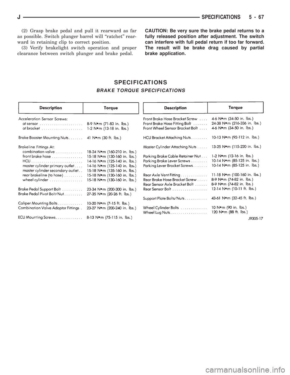 JEEP CHEROKEE 1994  Service Repair Manual (2) Grasp brake pedal and pull it rearward as far
as possible. Switch plunger barrel will ``ratchet rear-
ward in retaining clip to correct position.
(3) Verify brakelight switch operation and prope