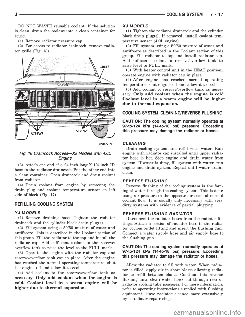 JEEP CHEROKEE 1994  Service Repair Manual DO NOT WASTE reusable coolant. If the solution
is clean, drain the coolant into a clean container for
reuse.
(1) Remove radiator pressure cap.
(2) For access to radiator draincock, remove radia-
tor g