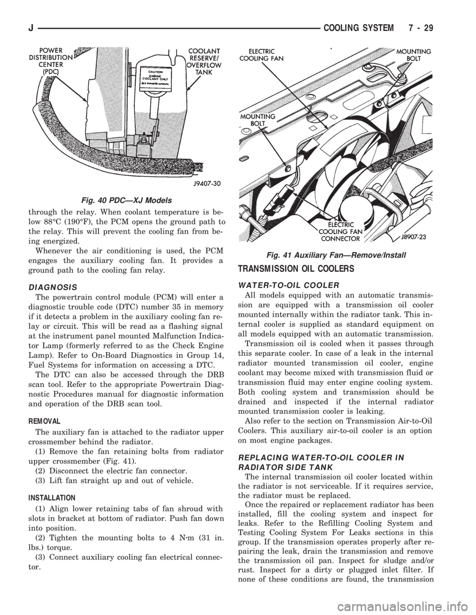 JEEP CHEROKEE 1994  Service Repair Manual through the relay. When coolant temperature is be-
low 88ÉC (190ÉF), the PCM opens the ground path to
the relay. This will prevent the cooling fan from be-
ing energized.
Whenever the air conditioni