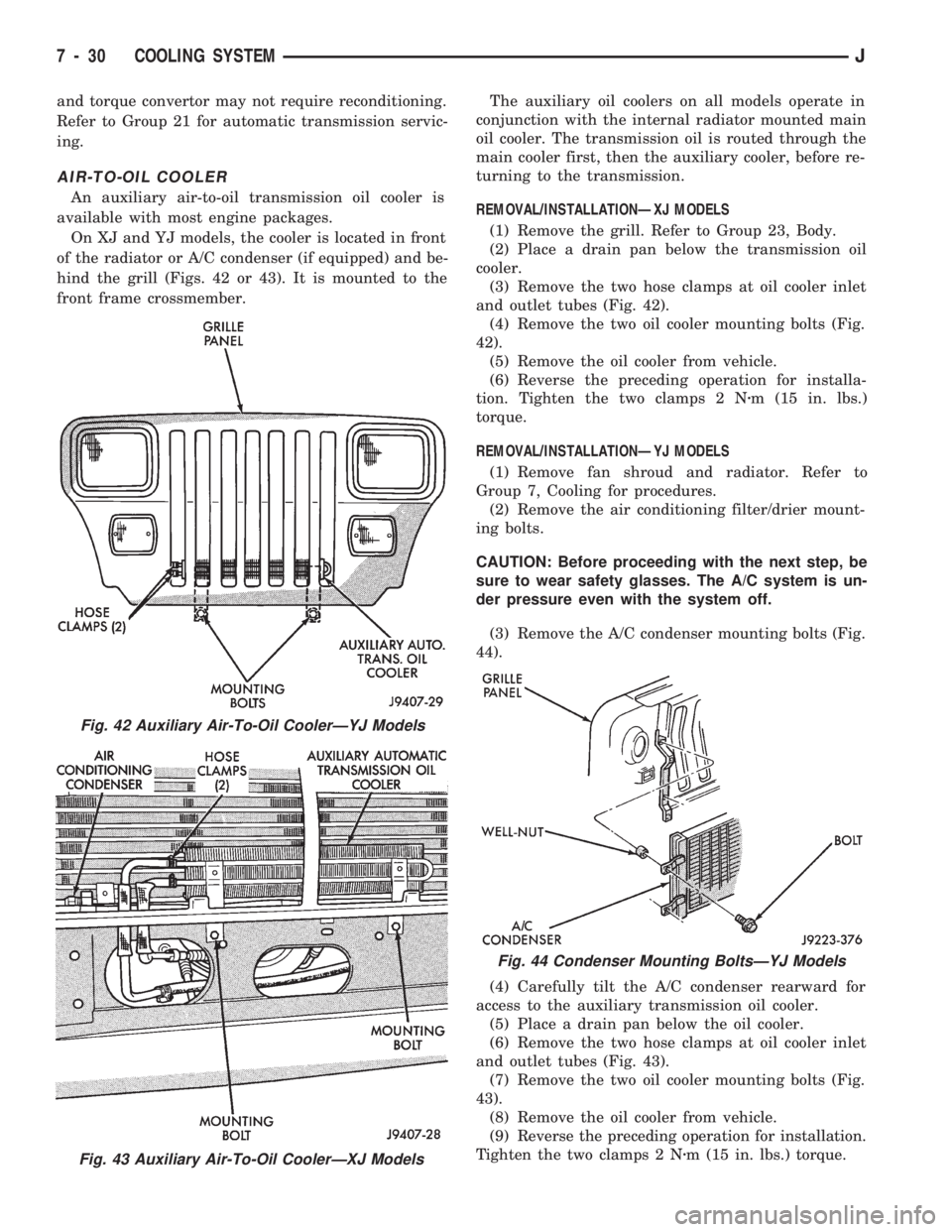 JEEP CHEROKEE 1994  Service Repair Manual and torque convertor may not require reconditioning.
Refer to Group 21 for automatic transmission servic-
ing.
AIR-TO-OIL COOLER
An auxiliary air-to-oil transmission oil cooler is
available with most 