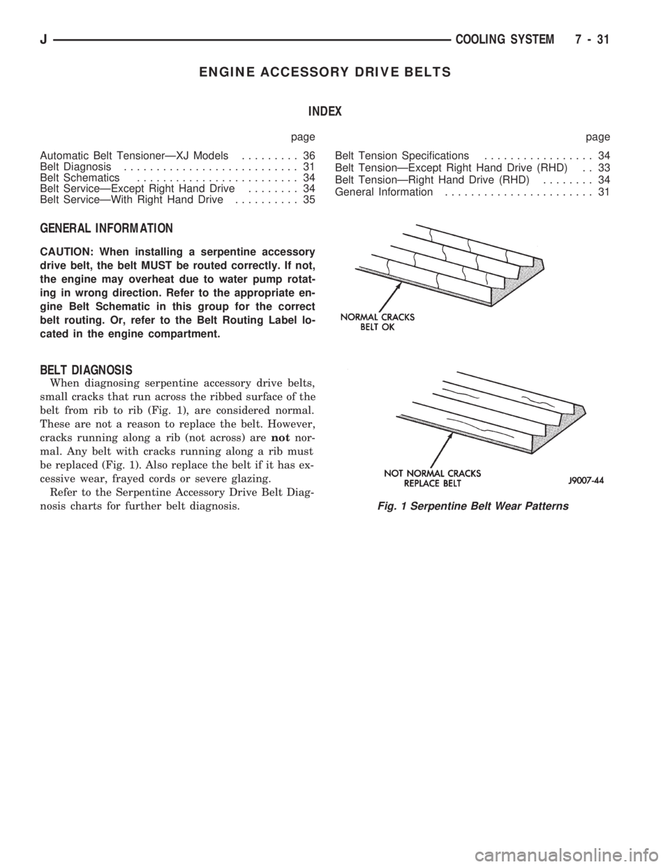 JEEP CHEROKEE 1994  Service Repair Manual ENGINE ACCESSORY DRIVE BELTS
INDEX
page page
Automatic Belt TensionerÐXJ Models......... 36
Belt Diagnosis........................... 31
Belt Schematics......................... 34
Belt ServiceÐExce