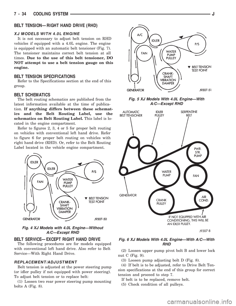 JEEP CHEROKEE 1994  Service Repair Manual BELT TENSIONÐRIGHT HAND DRIVE (RHD)
XJ MODELS WITH 4.0L ENGINE
It is not necessary to adjust belt tension on RHD
vehicles if equipped with a 4.0L engine. The engine
is equipped with an automatic belt