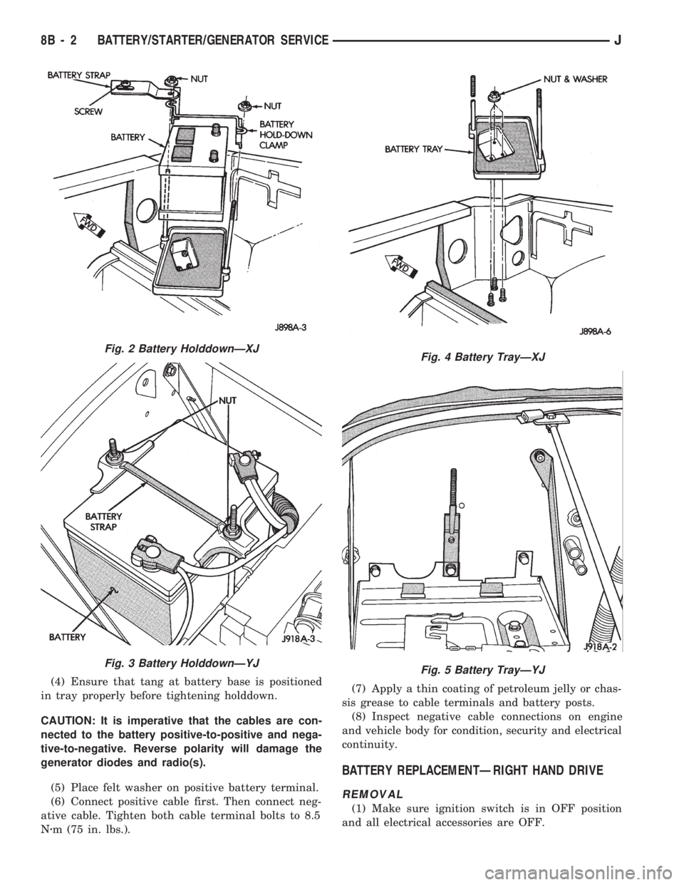 JEEP CHEROKEE 1994  Service Repair Manual (4) Ensure that tang at battery base is positioned
in tray properly before tightening holddown.
CAUTION: It is imperative that the cables are con-
nected to the battery positive-to-positive and nega-
