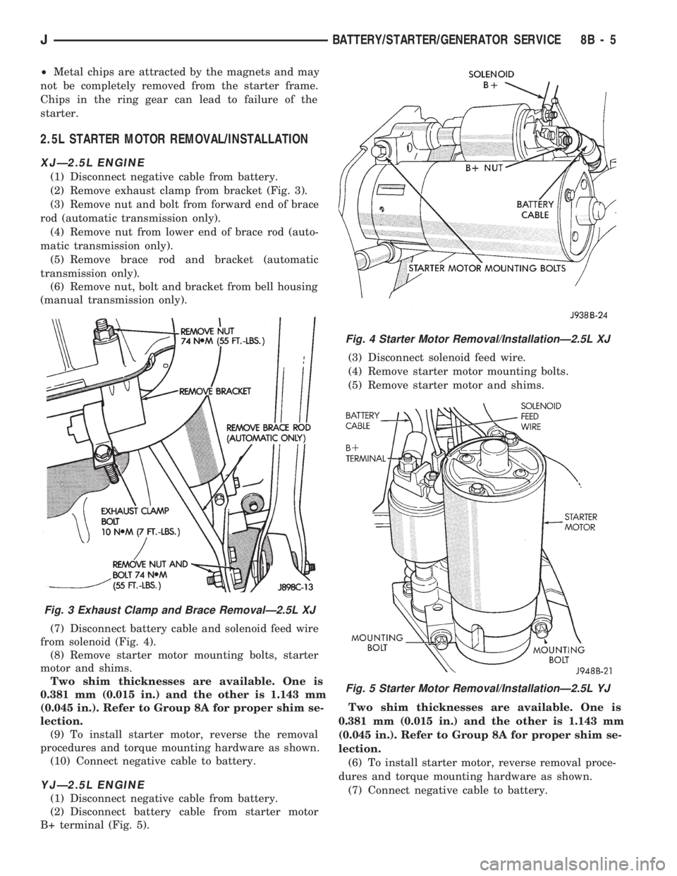 JEEP CHEROKEE 1994  Service Repair Manual ²Metal chips are attracted by the magnets and may
not be completely removed from the starter frame.
Chips in the ring gear can lead to failure of the
starter.
2.5L STARTER MOTOR REMOVAL/INSTALLATION
