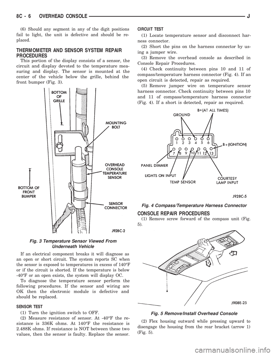 JEEP CHEROKEE 1994  Service Repair Manual (6) Should any segment in any of the digit positions
fail to light, the unit is defective and should be re-
placed.
THERMOMETER AND SENSOR SYSTEM REPAIR
PROCEDURES
This portion of the display consists