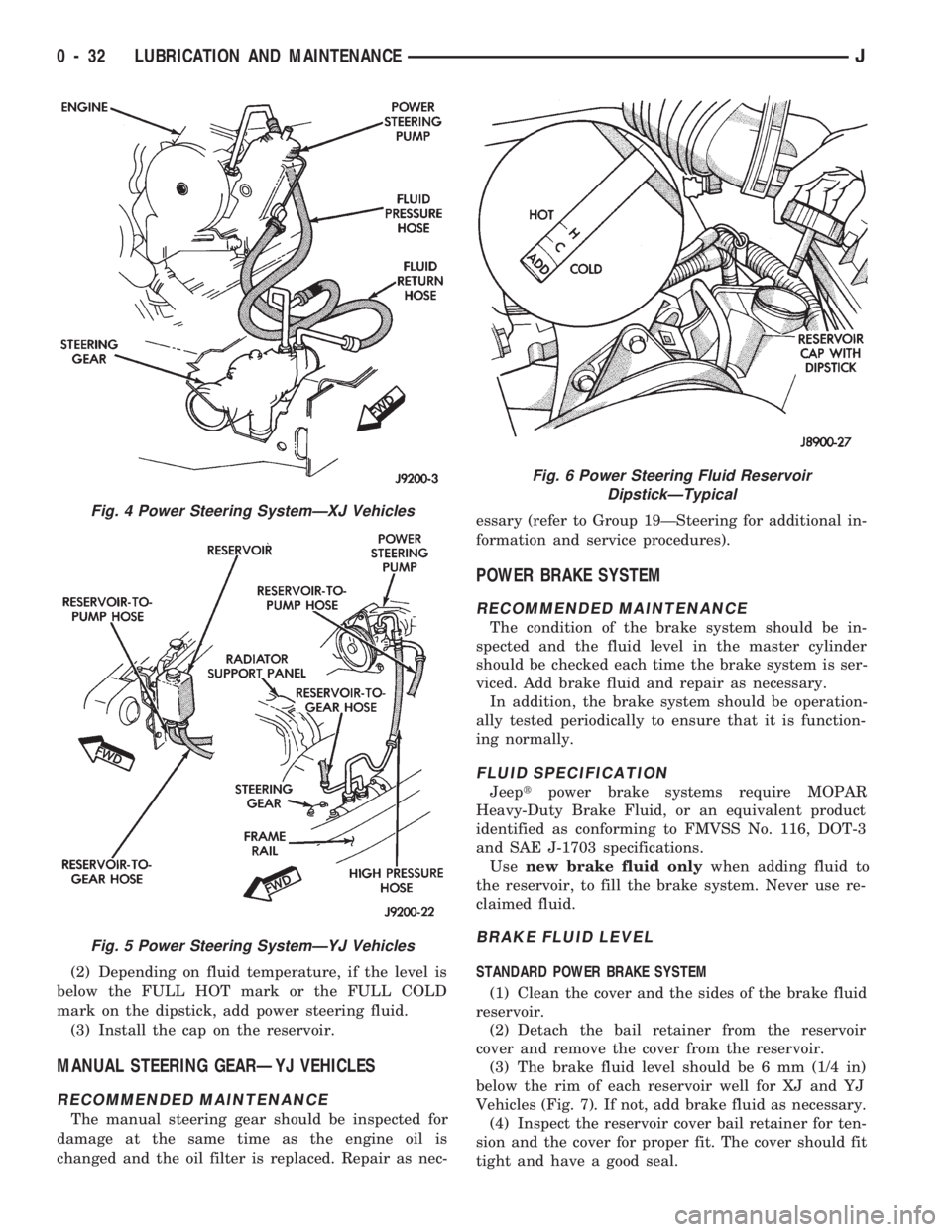 JEEP CHEROKEE 1994  Service Repair Manual (2) Depending on fluid temperature, if the level is
below the FULL HOT mark or the FULL COLD
mark on the dipstick, add power steering fluid.
(3) Install the cap on the reservoir.
MANUAL STEERING GEAR