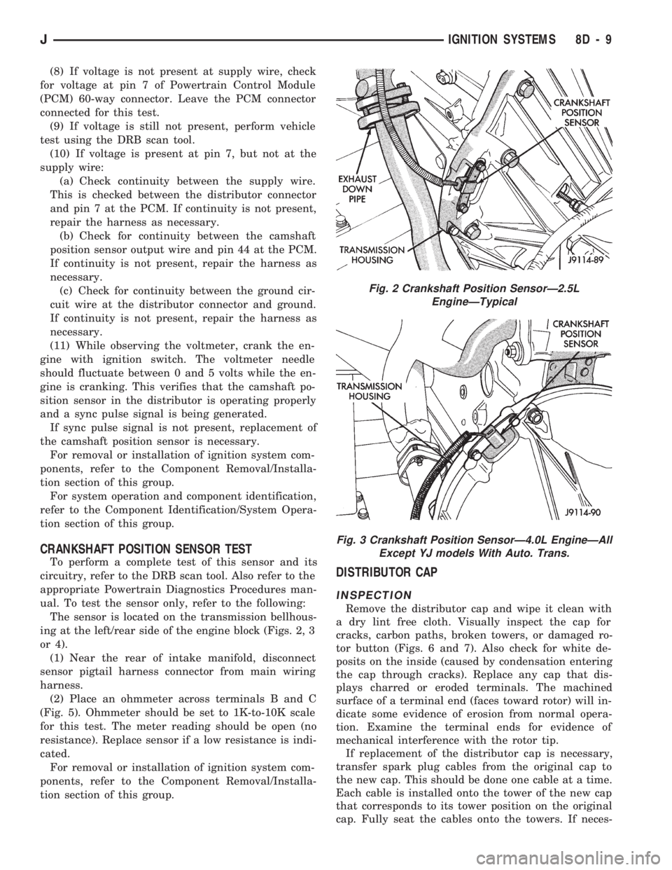 JEEP CHEROKEE 1994  Service Repair Manual (8) If voltage is not present at supply wire, check
for voltage at pin 7 of Powertrain Control Module
(PCM) 60-way connector. Leave the PCM connector
connected for this test.
(9) If voltage is still n