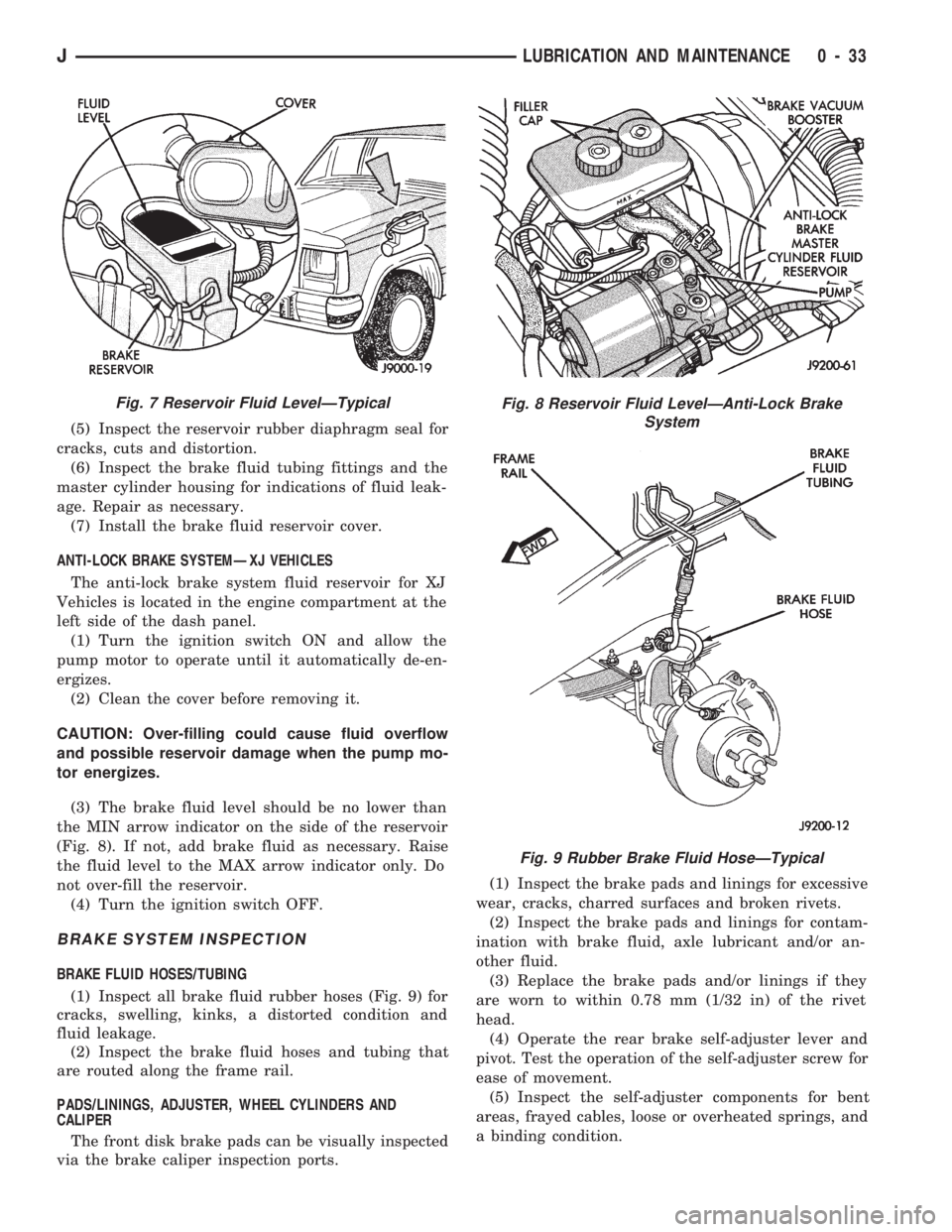 JEEP CHEROKEE 1994  Service Repair Manual (5) Inspect the reservoir rubber diaphragm seal for
cracks, cuts and distortion.
(6) Inspect the brake fluid tubing fittings and the
master cylinder housing for indications of fluid leak-
age. Repair 