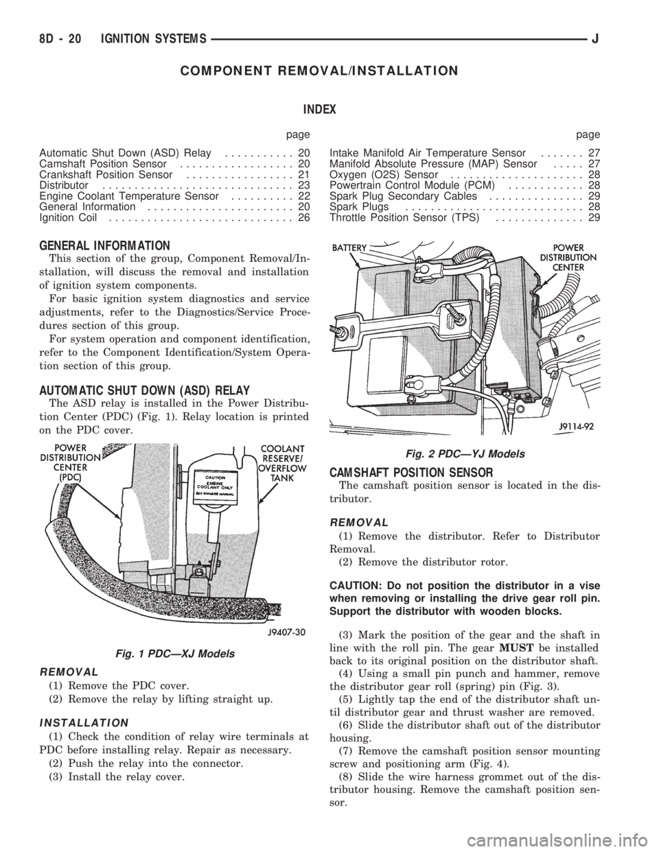 JEEP CHEROKEE 1994  Service Repair Manual COMPONENT REMOVAL/INSTALLATION
INDEX
page page
Automatic Shut Down (ASD) Relay........... 20
Camshaft Position Sensor.................. 20
Crankshaft Position Sensor................. 21
Distributor...