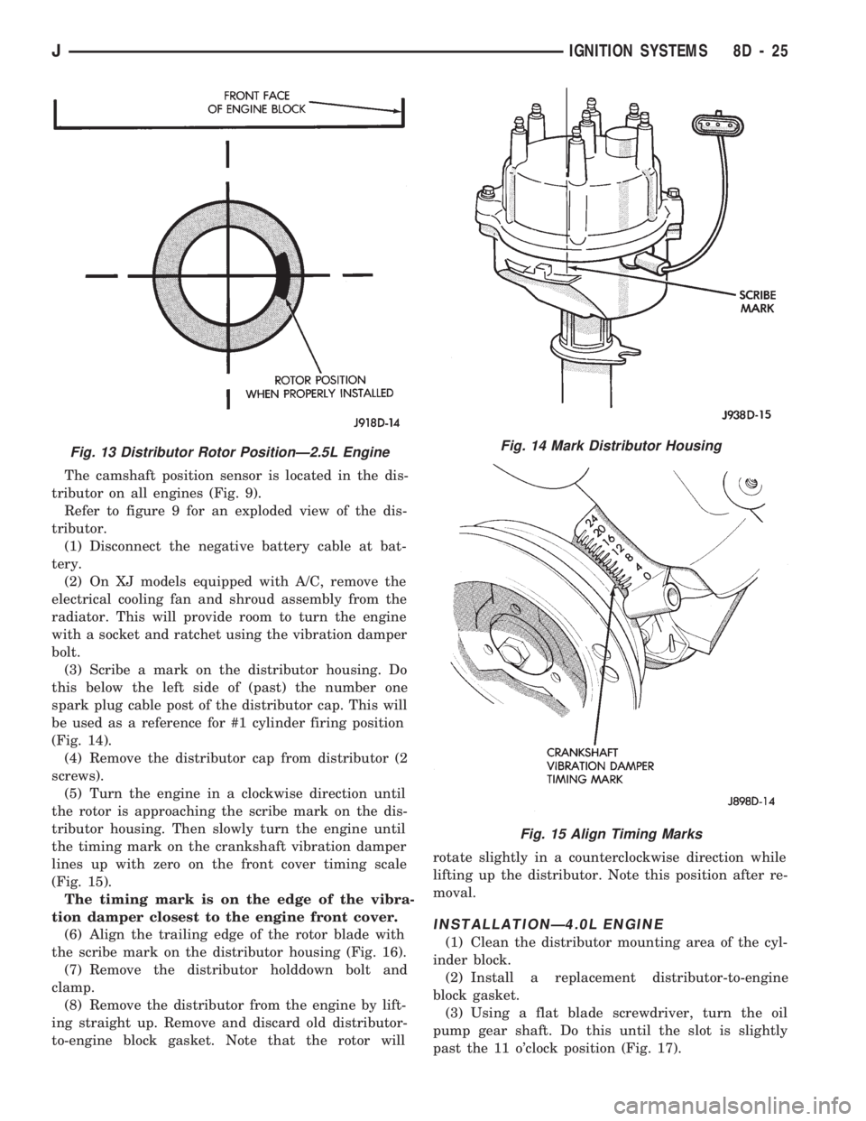 JEEP CHEROKEE 1994  Service Repair Manual The camshaft position sensor is located in the dis-
tributor on all engines (Fig. 9).
Refer to figure 9 for an exploded view of the dis-
tributor.
(1) Disconnect the negative battery cable at bat-
ter