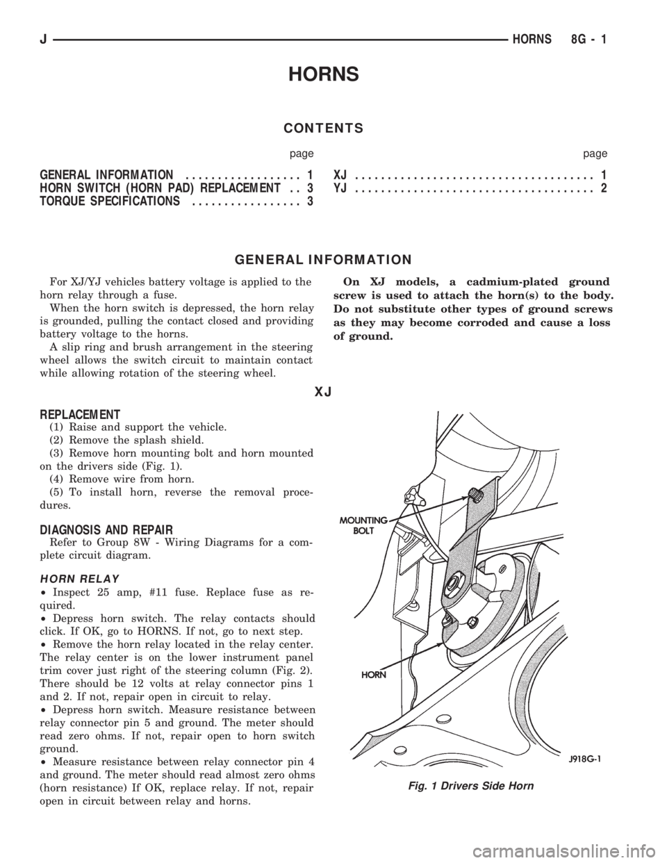JEEP CHEROKEE 1994  Service Repair Manual HORNS
CONTENTS
page page
GENERAL INFORMATION.................. 1
HORN SWITCH (HORN PAD) REPLACEMENT . . 3
TORQUE SPECIFICATIONS................. 3XJ ..................................... 1
YJ ........