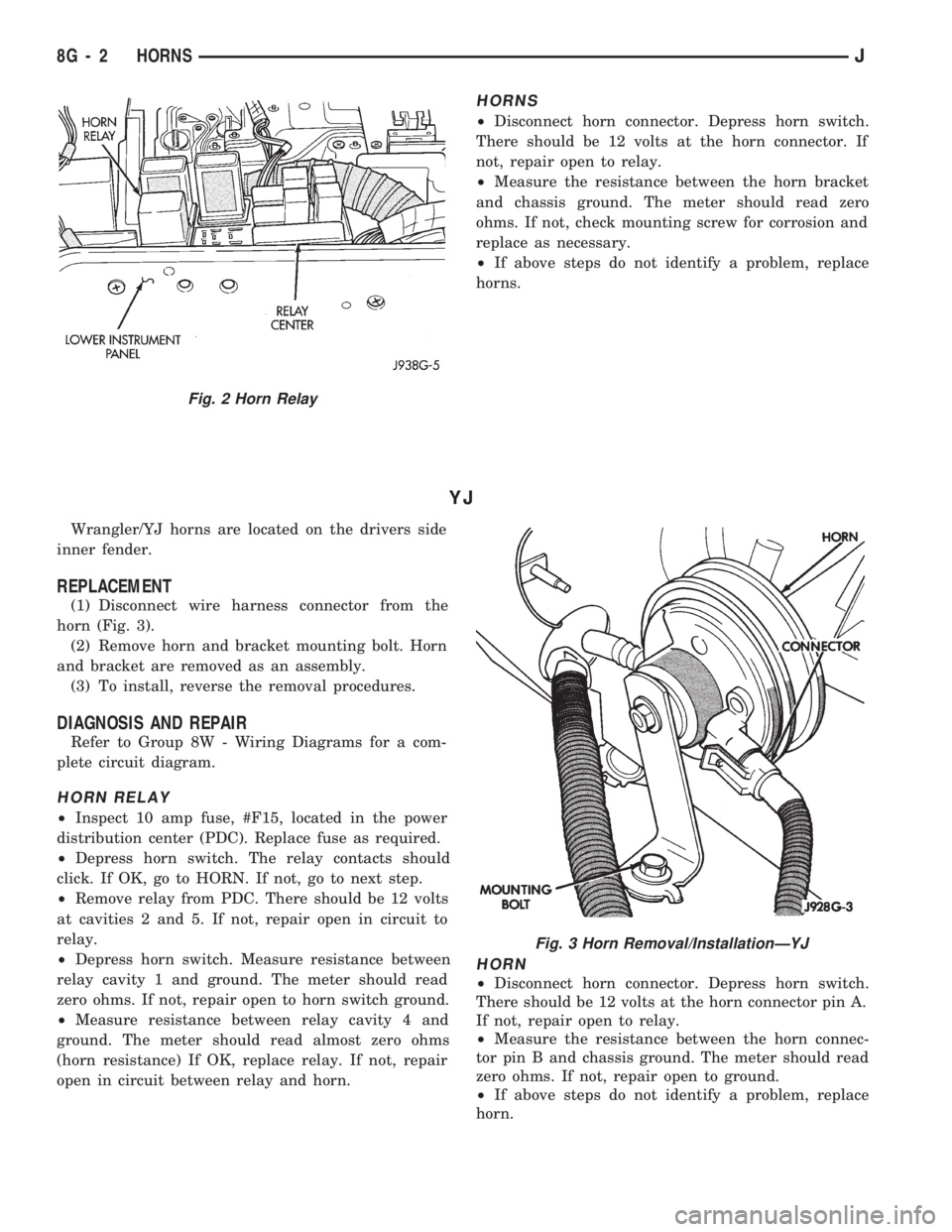 JEEP CHEROKEE 1994  Service Repair Manual HORNS
²Disconnect horn connector. Depress horn switch.
There should be 12 volts at the horn connector. If
not, repair open to relay.
²Measure the resistance between the horn bracket
and chassis grou