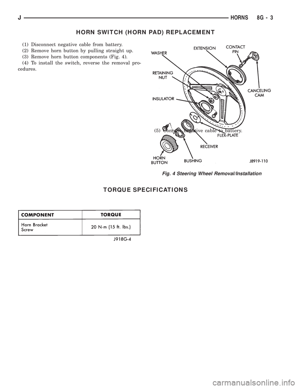 JEEP CHEROKEE 1994  Service Repair Manual HORN SWITCH (HORN PAD) REPLACEMENT
(1) Disconnect negative cable from battery.
(2) Remove horn button by pulling straight up.
(3) Remove horn button components (Fig. 4).
(4) To install the switch, rev