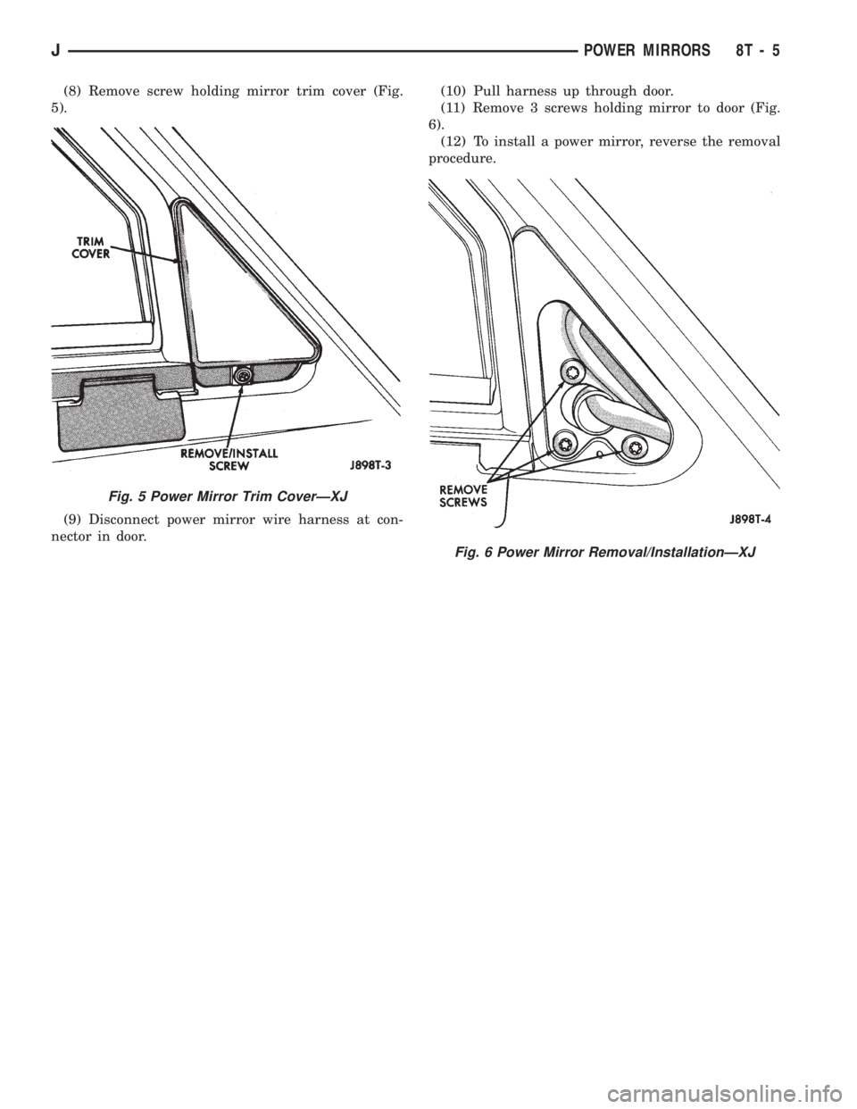JEEP CHEROKEE 1994  Service Repair Manual (8) Remove screw holding mirror trim cover (Fig.
5).
(9) Disconnect power mirror wire harness at con-
nector in door.(10) Pull harness up through door.
(11) Remove 3 screws holding mirror to door (Fig