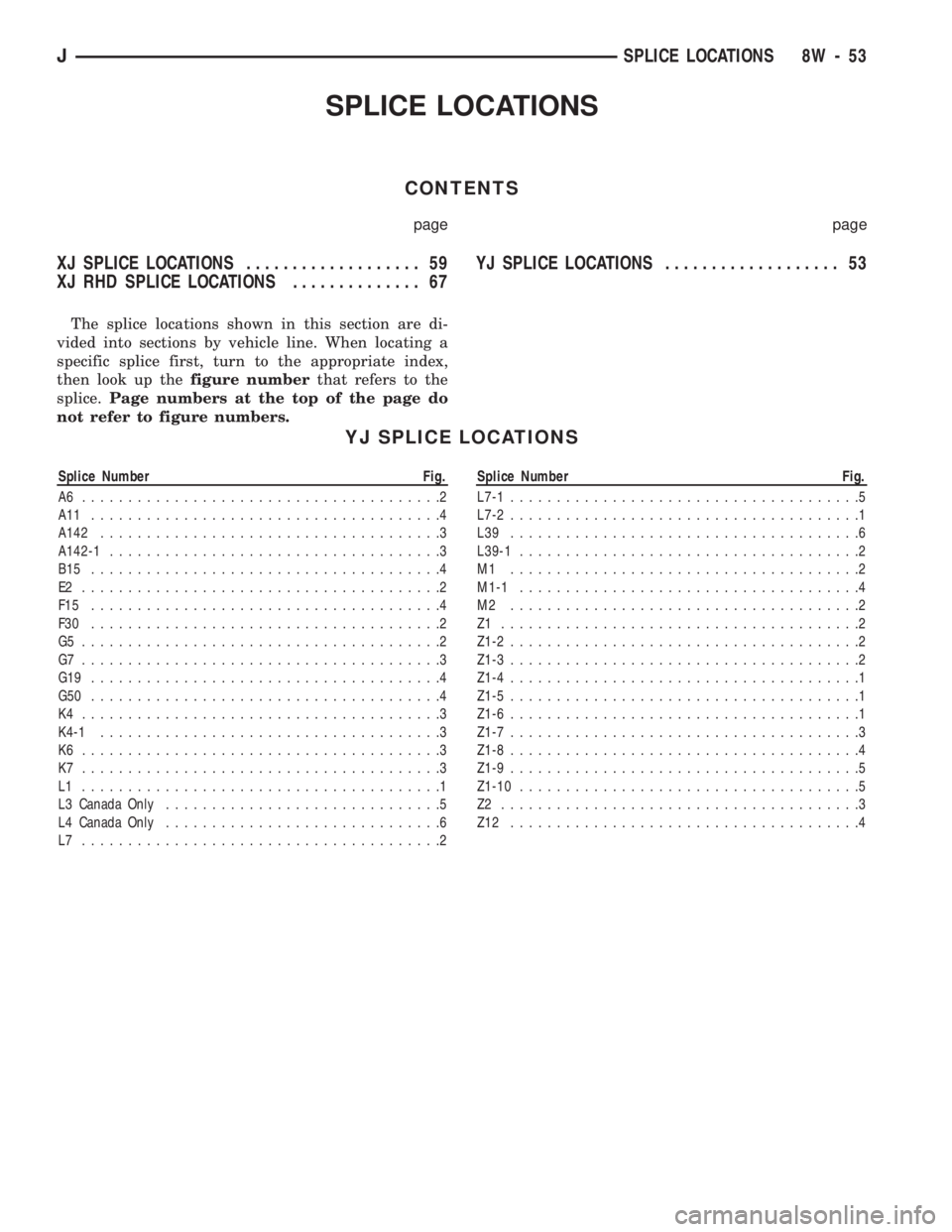 JEEP CHEROKEE 1994  Service Repair Manual SPLICE LOCATIONS
CONTENTS
page page
XJ SPLICE LOCATIONS................... 59
XJ RHD SPLICE LOCATIONS.............. 67YJ SPLICE LOCATIONS................... 53
The splice locations shown in this secti