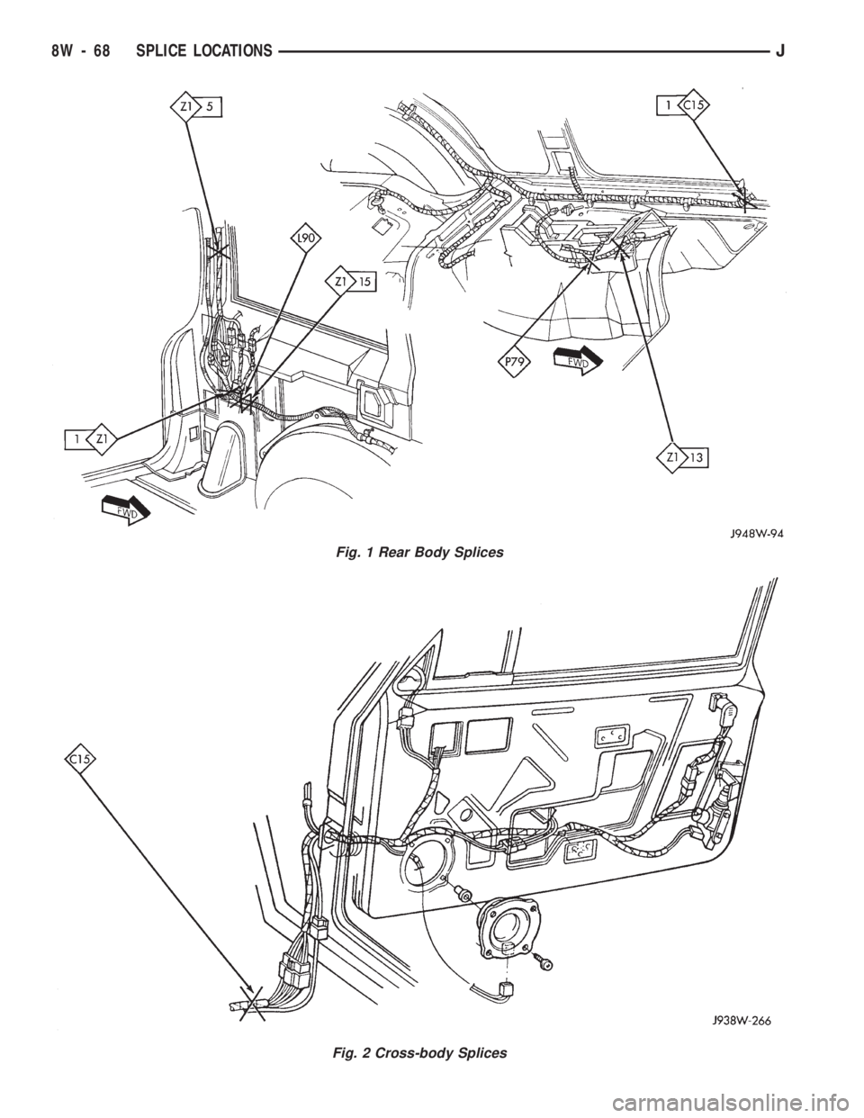 JEEP CHEROKEE 1994  Service Repair Manual Fig. 1 Rear Body Splices
Fig. 2 Cross-body Splices
8W - 68 SPLICE LOCATIONSJ 