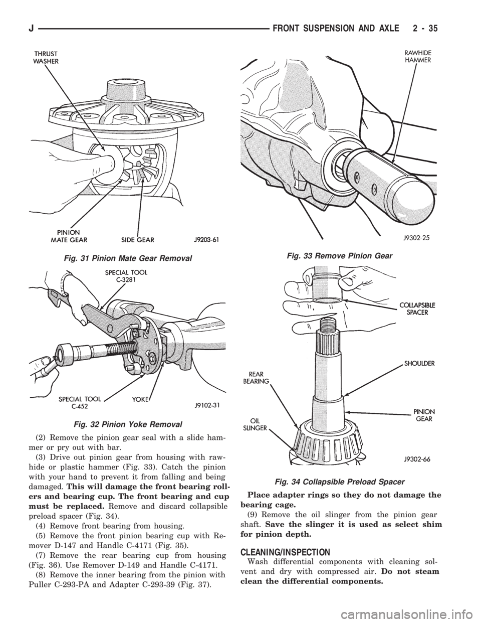 JEEP CHEROKEE 1994 Service Repair Manual (2) Remove the pinion gear seal with a slide ham-
mer or pry out with bar.
(3) Drive out pinion gear from housing with raw-
hide or plastic hammer (Fig. 33). Catch the pinion
with your hand to prevent JEEP CHEROKEE 1994 Service Repair Manual (2) Remove the pinion gear seal with a slide ham-
mer or pry out with bar.
(3) Drive out pinion gear from housing with raw-
hide or plastic hammer (Fig. 33). Catch the pinion
with your hand to prevent