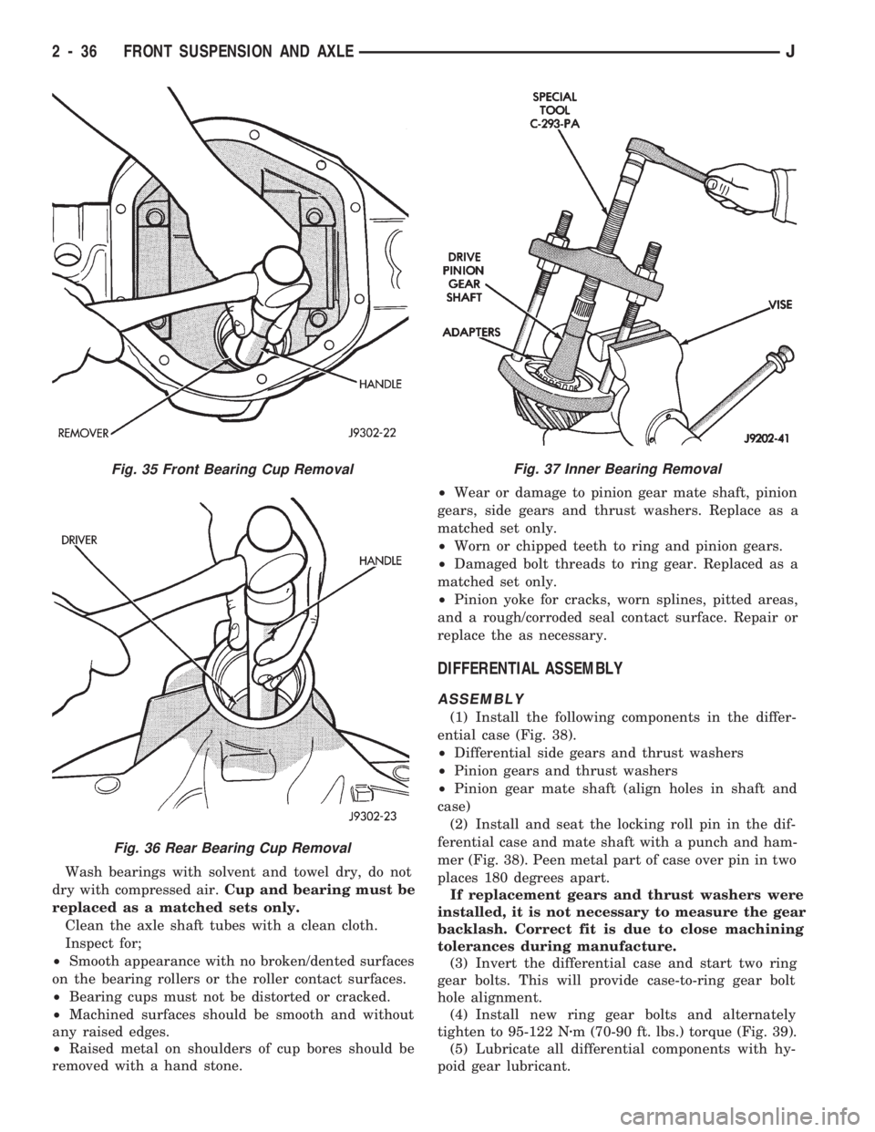 JEEP CHEROKEE 1994  Service Repair Manual Wash bearings with solvent and towel dry, do not
dry with compressed air.Cup and bearing must be
replaced as a matched sets only.
Clean the axle shaft tubes with a clean cloth.
Inspect for;
²Smooth a