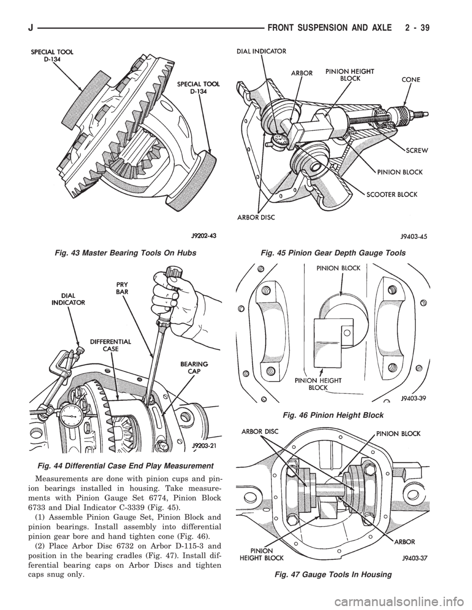 JEEP CHEROKEE 1994  Service Repair Manual Measurements are done with pinion cups and pin-
ion bearings installed in housing. Take measure-
ments with Pinion Gauge Set 6774, Pinion Block
6733 and Dial Indicator C-3339 (Fig. 45).
(1) Assemble P