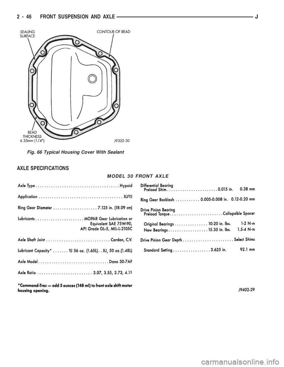 JEEP CHEROKEE 1994  Service Repair Manual AXLE SPECIFICATIONS
Fig. 66 Typical Housing Cover With Sealant
MODEL 30 FRONT AXLE
2 - 46 FRONT SUSPENSION AND AXLEJ 